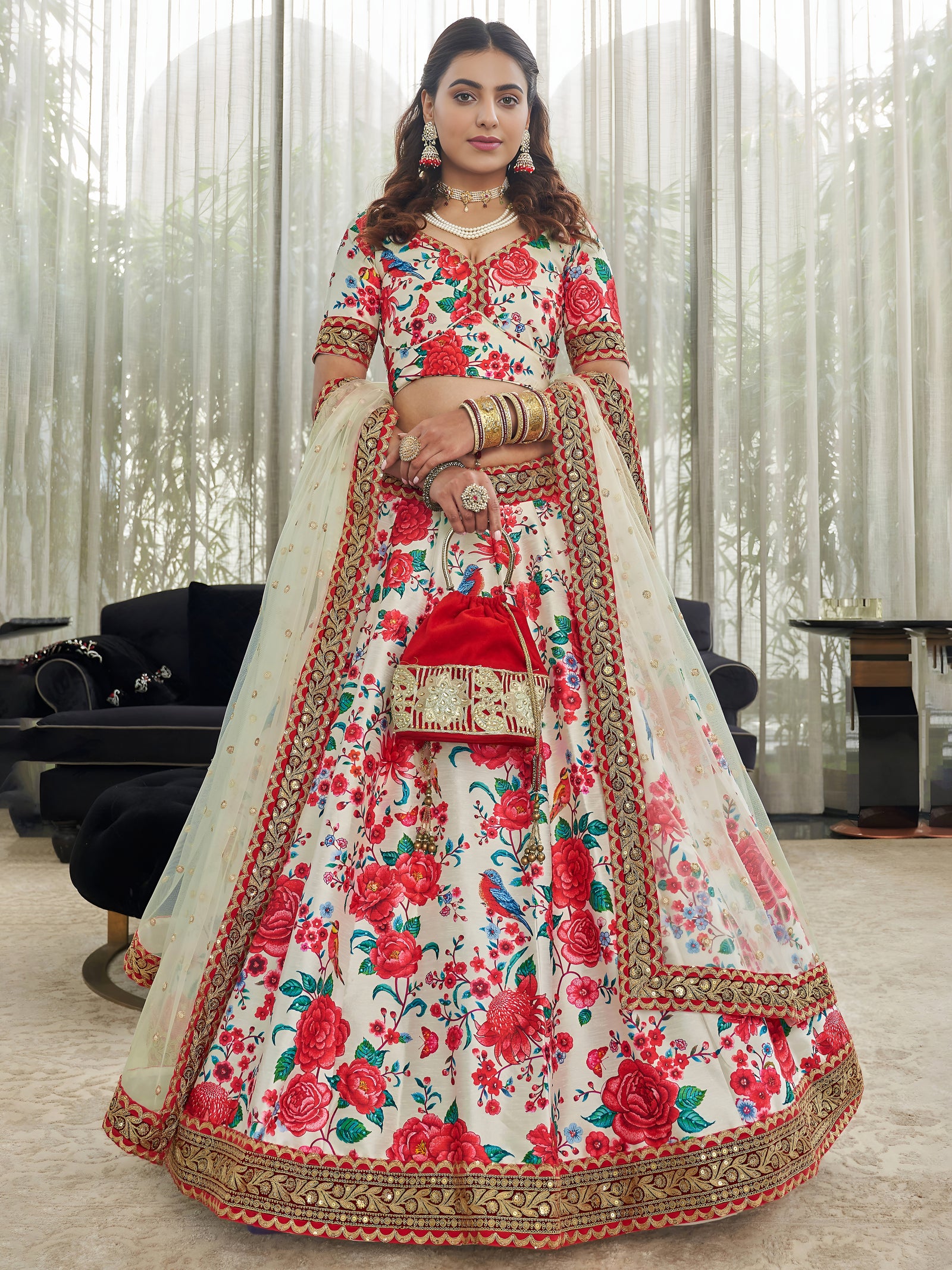 White & Red Art Silk Floral Lehenga Set