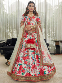 White & Red Art Silk Floral Lehenga Set