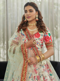 White & Red Art Silk Floral Lehenga Set