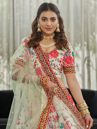White & Red Art Silk Floral Lehenga Set