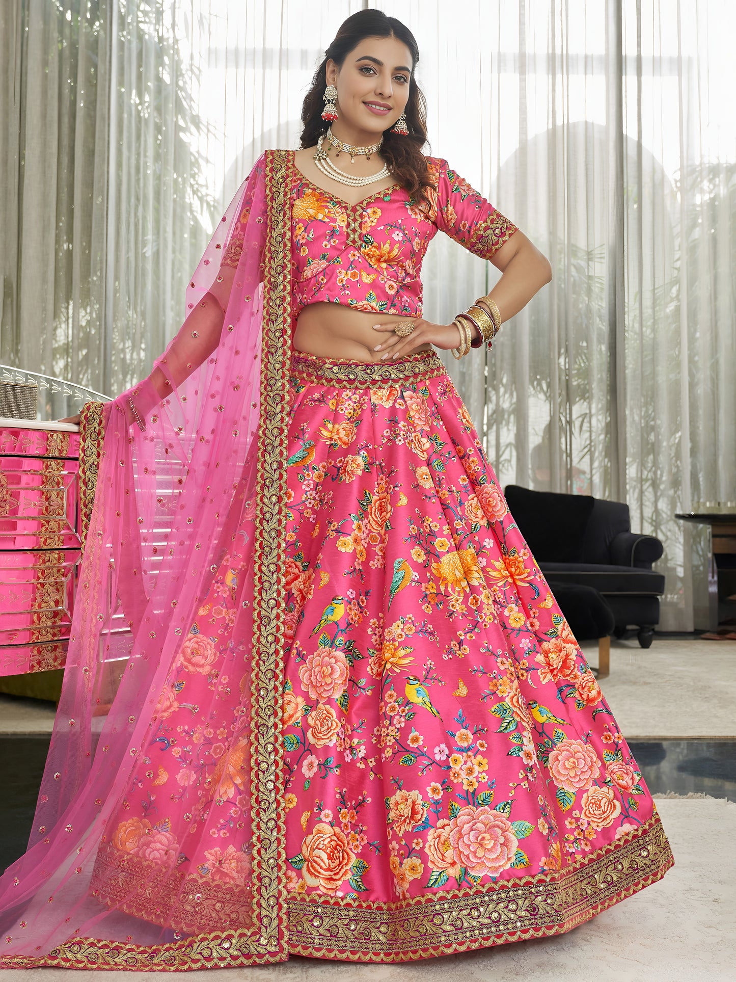 Royal Fuchsia Art Silk Floral Lehenga Set