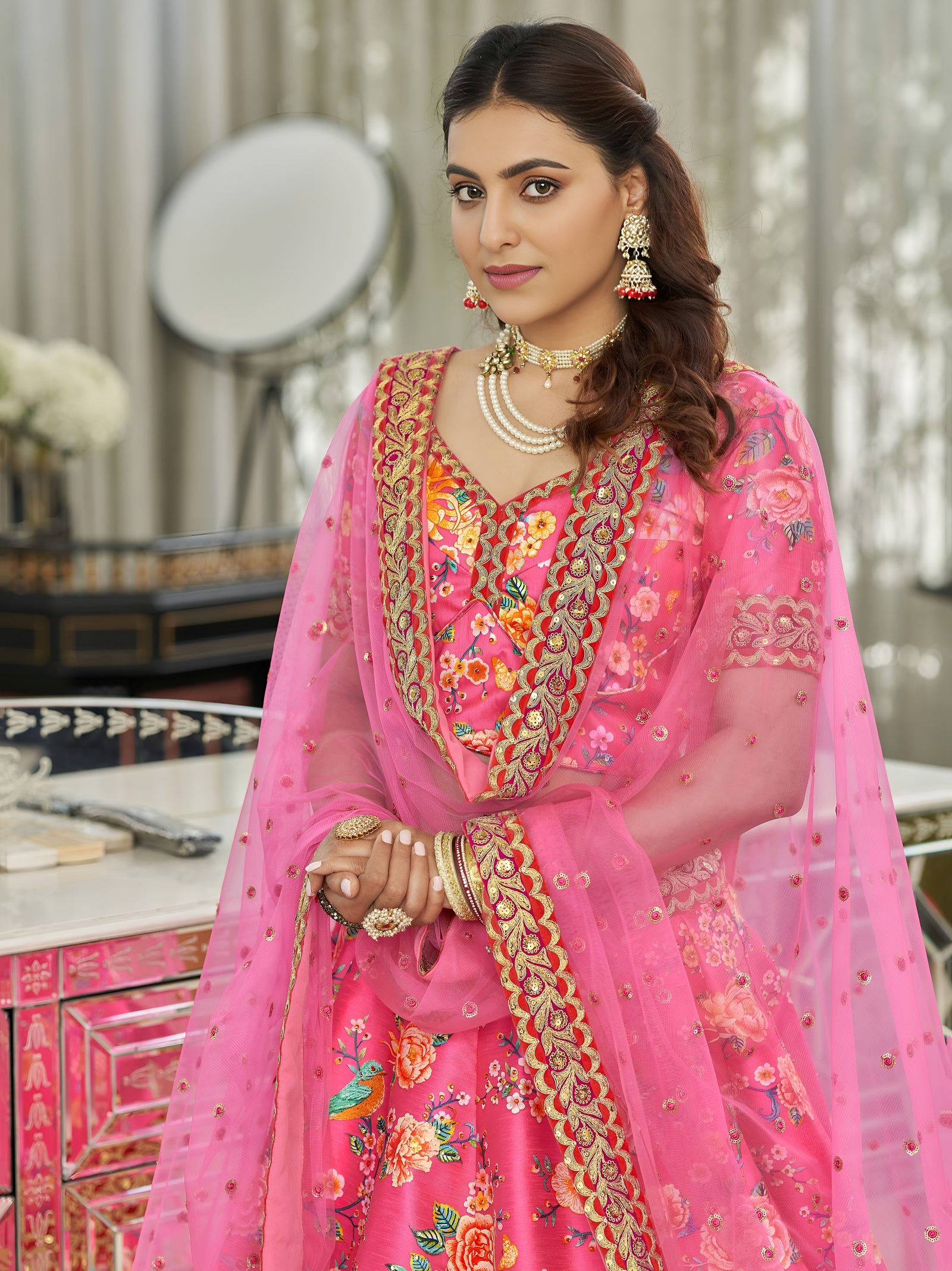 Royal Fuchsia Art Silk Floral Lehenga Set