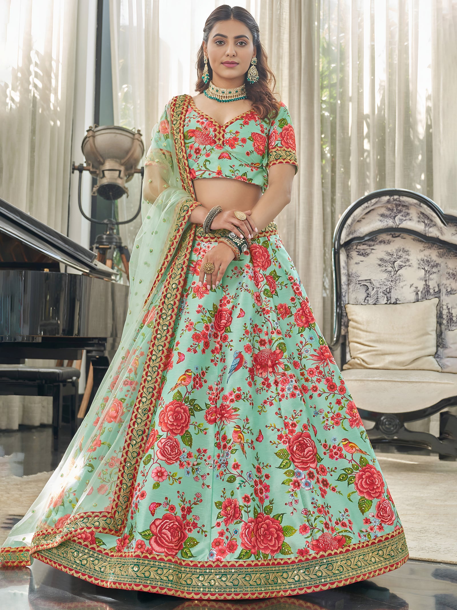 Mint Blossom Art Silk Floral Lehenga Set