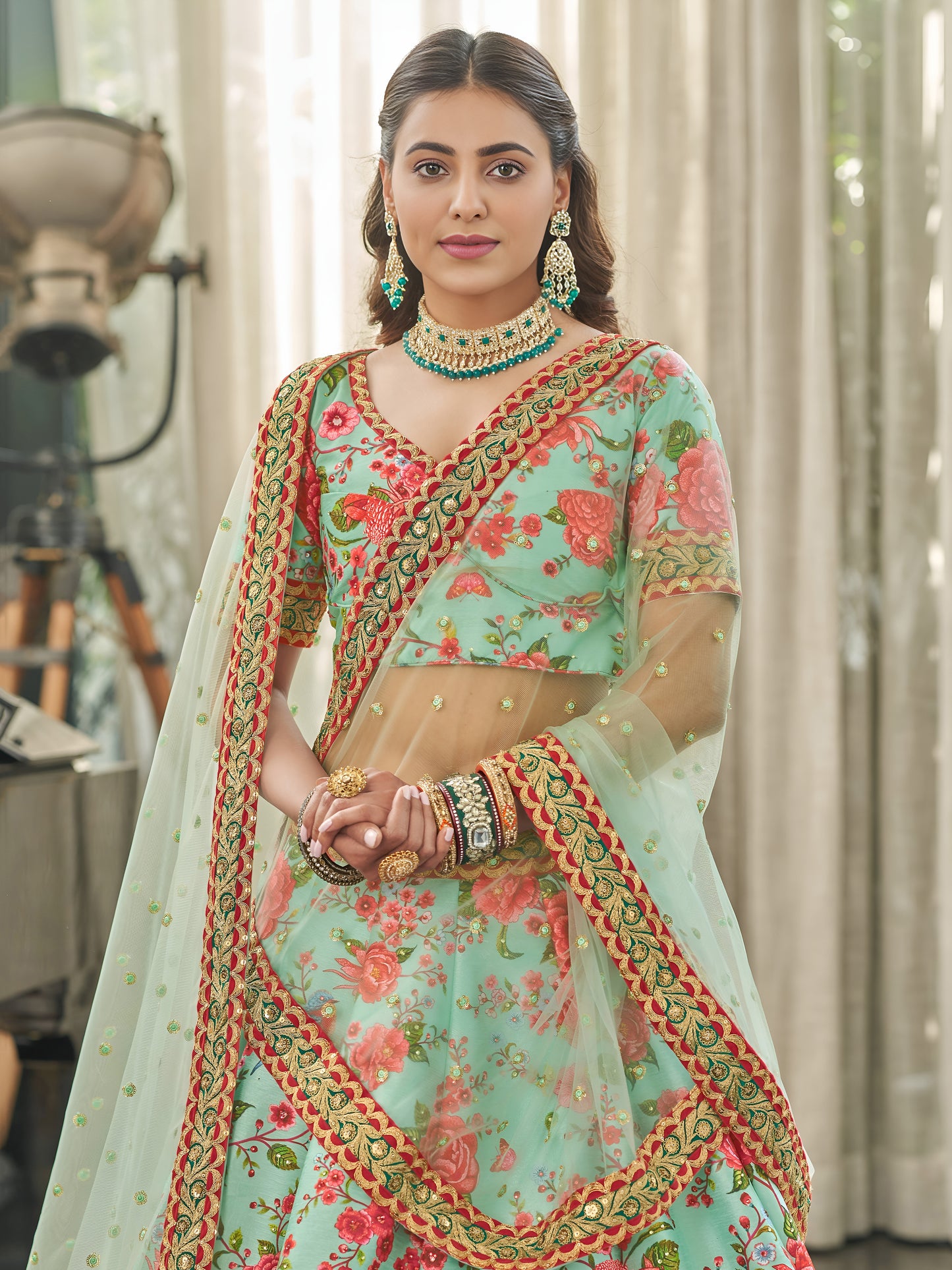Mint Blossom Art Silk Floral Lehenga Set