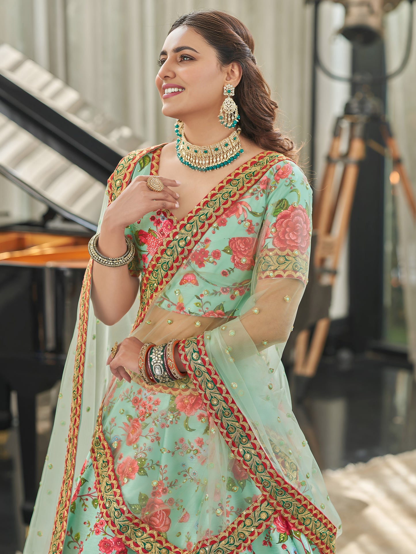 Mint Blossom Art Silk Floral Lehenga Set