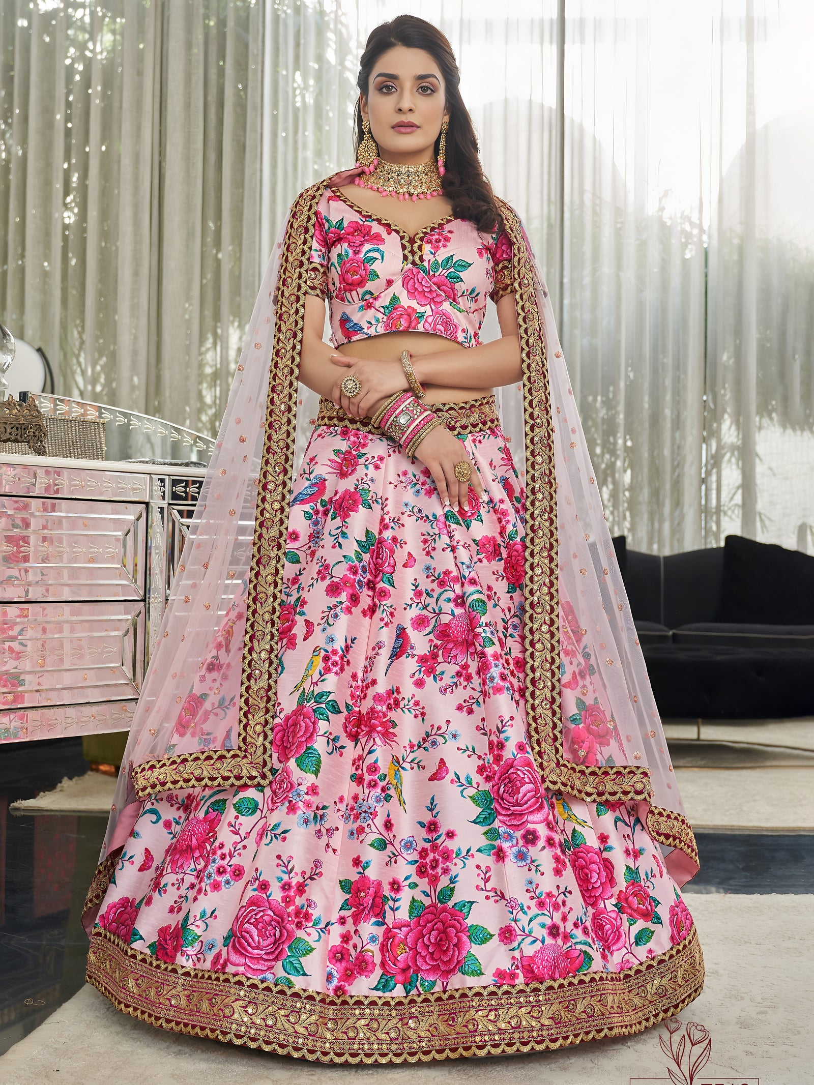 Blush Rose Art Silk Floral Lehenga Set