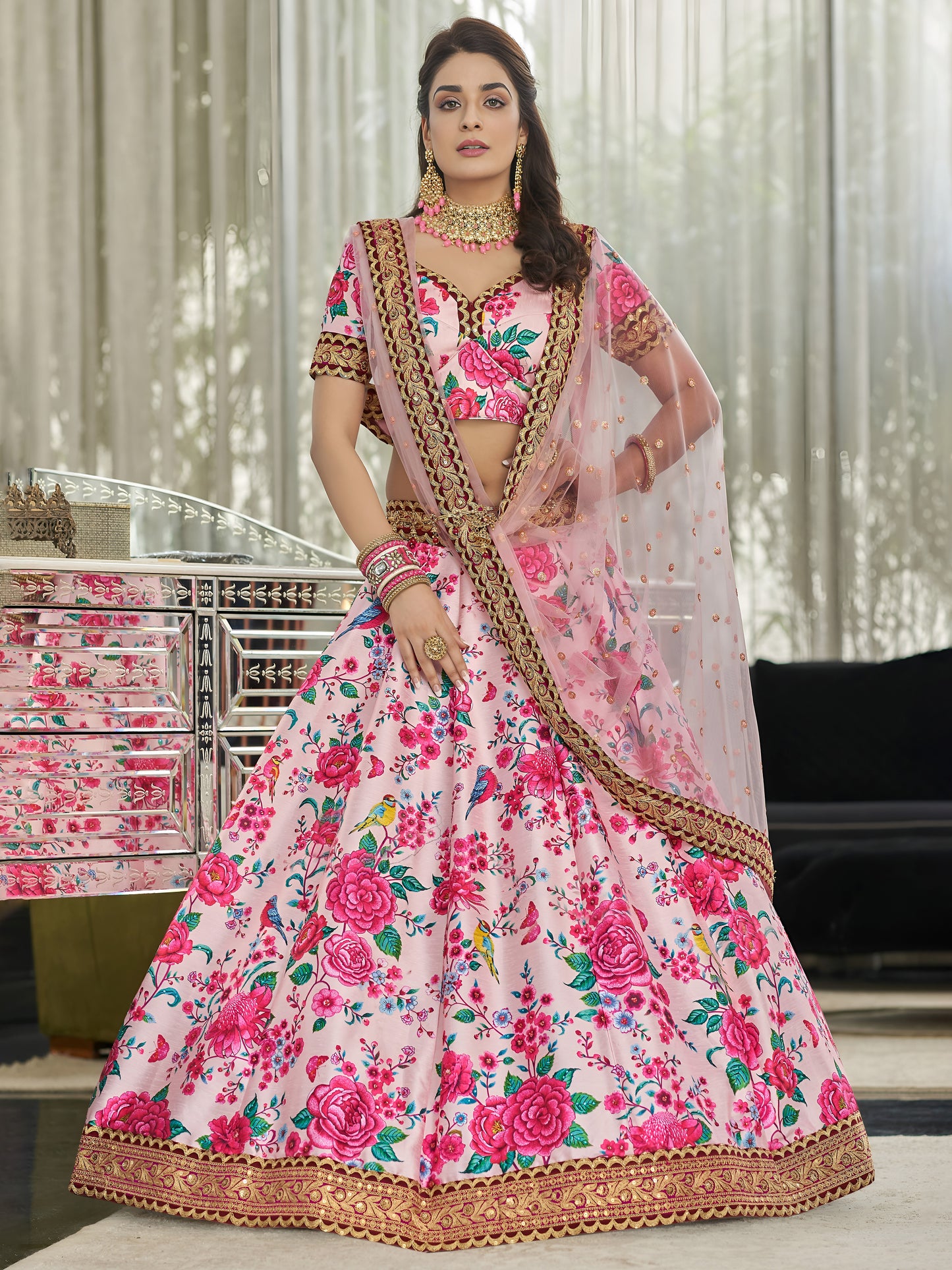 Blush Rose Art Silk Floral Lehenga Set