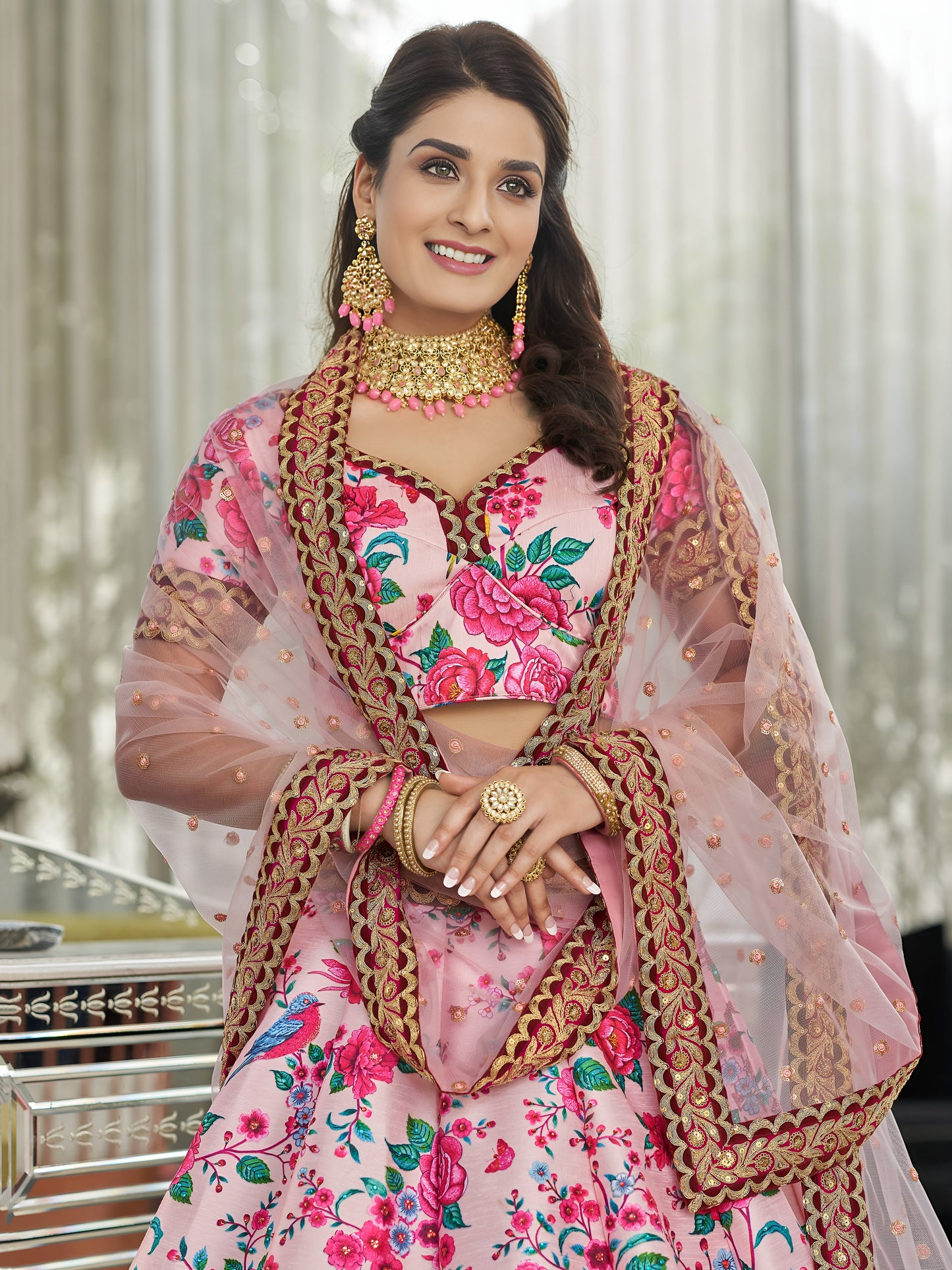 Blush Rose Art Silk Floral Lehenga Set