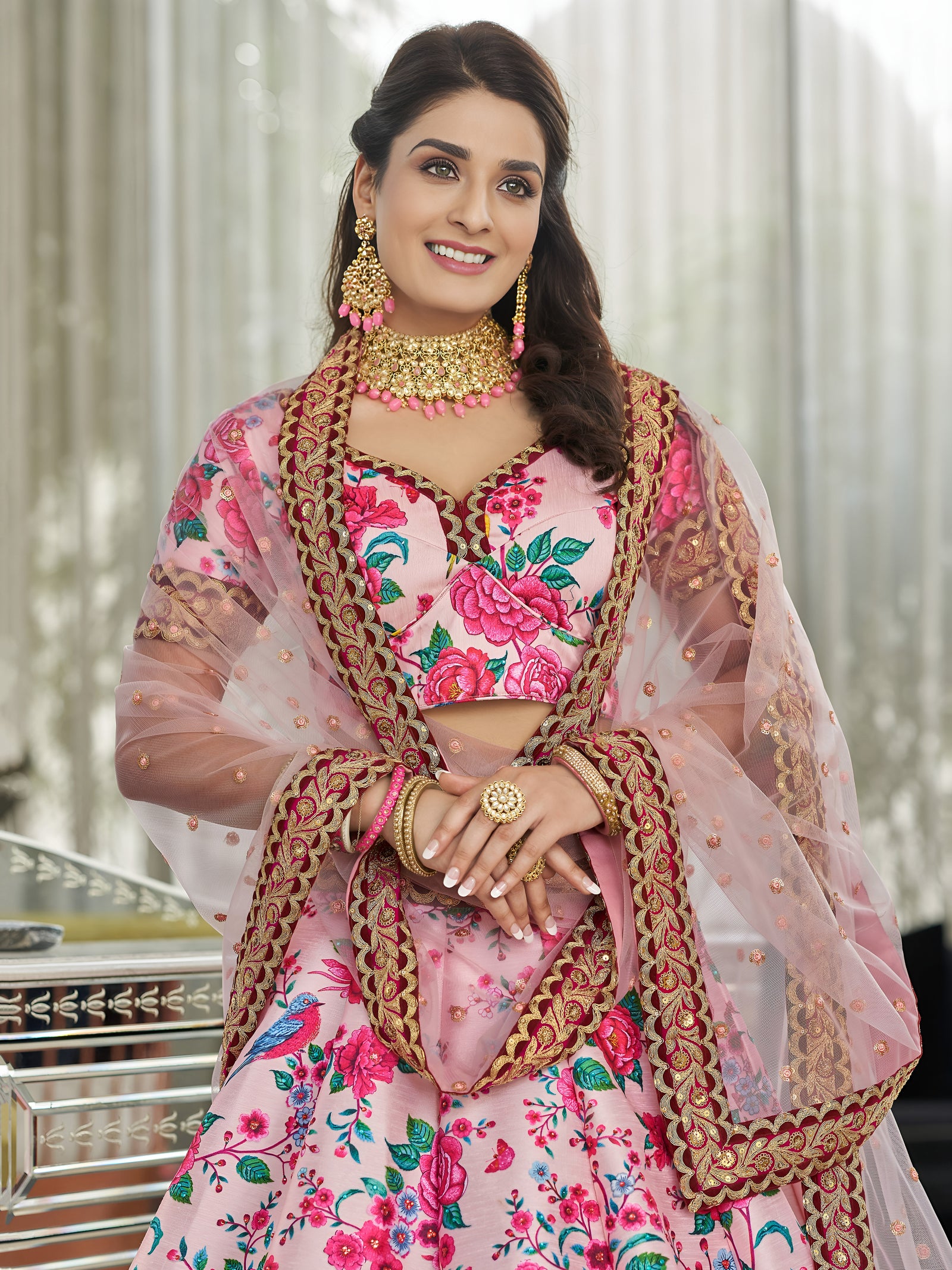 Blush Rose Art Silk Floral Lehenga Set