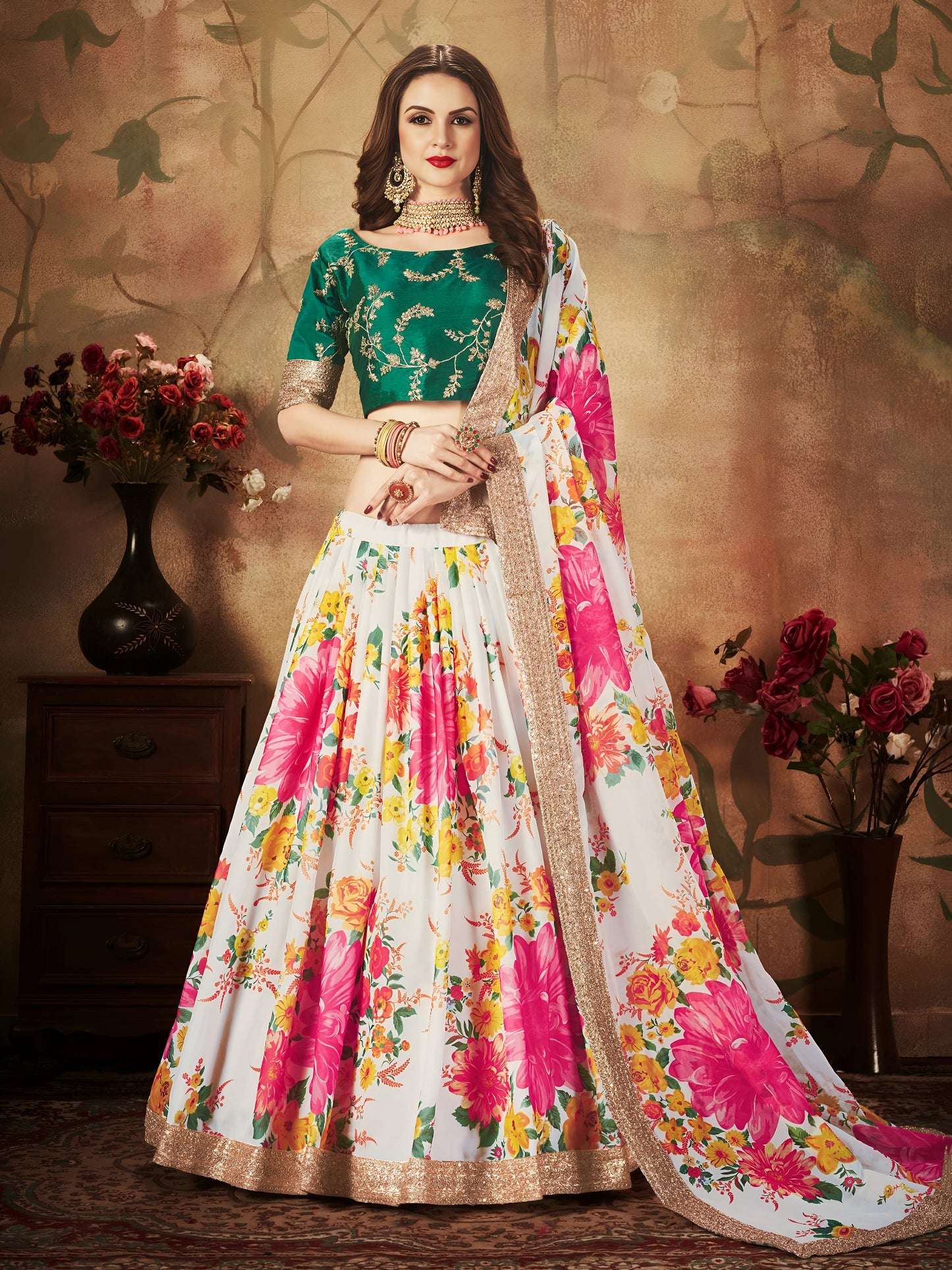 Emerald Blossom Floral Organza Lehenga Set