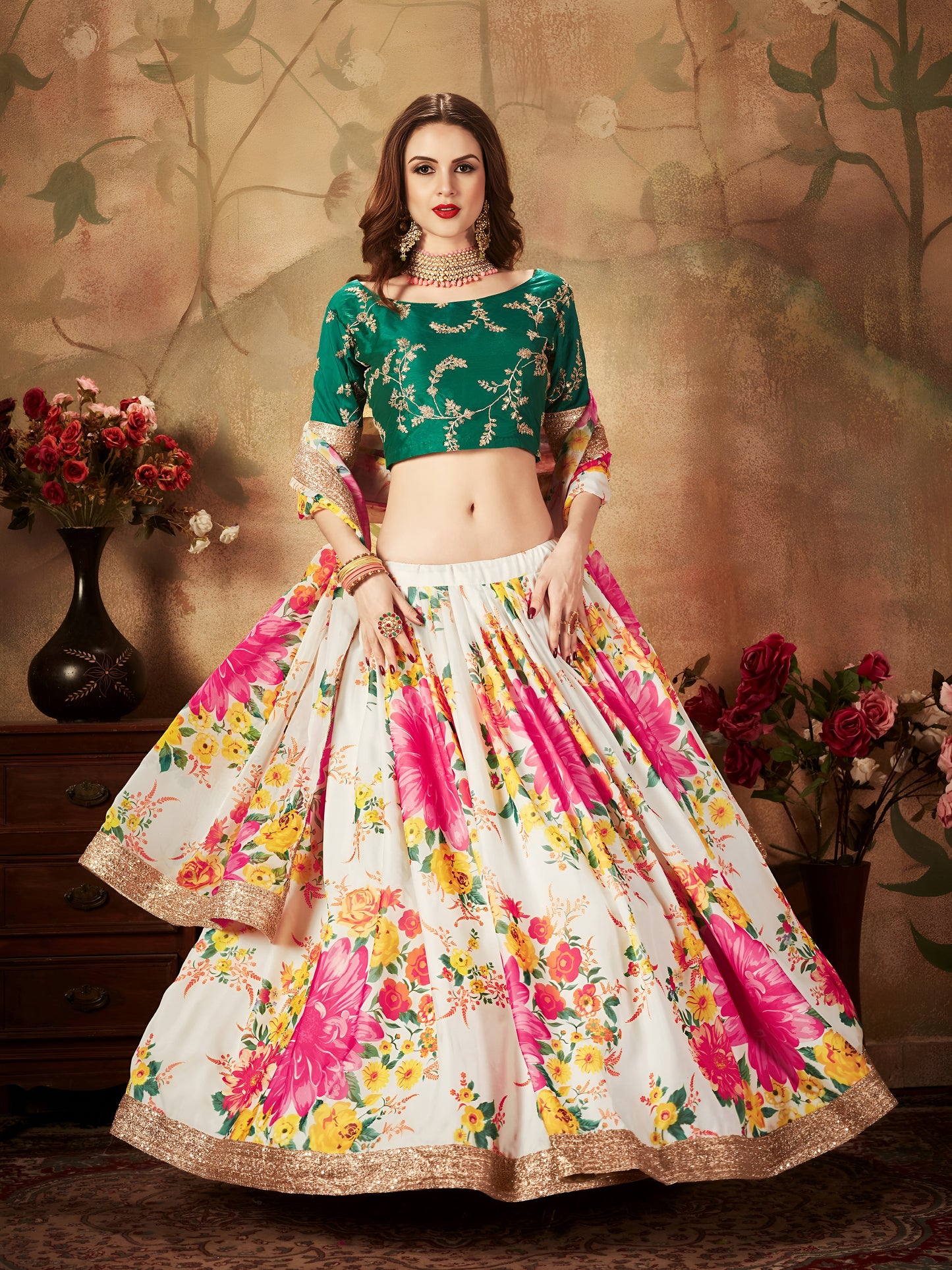 Emerald Blossom Floral Organza Lehenga Set