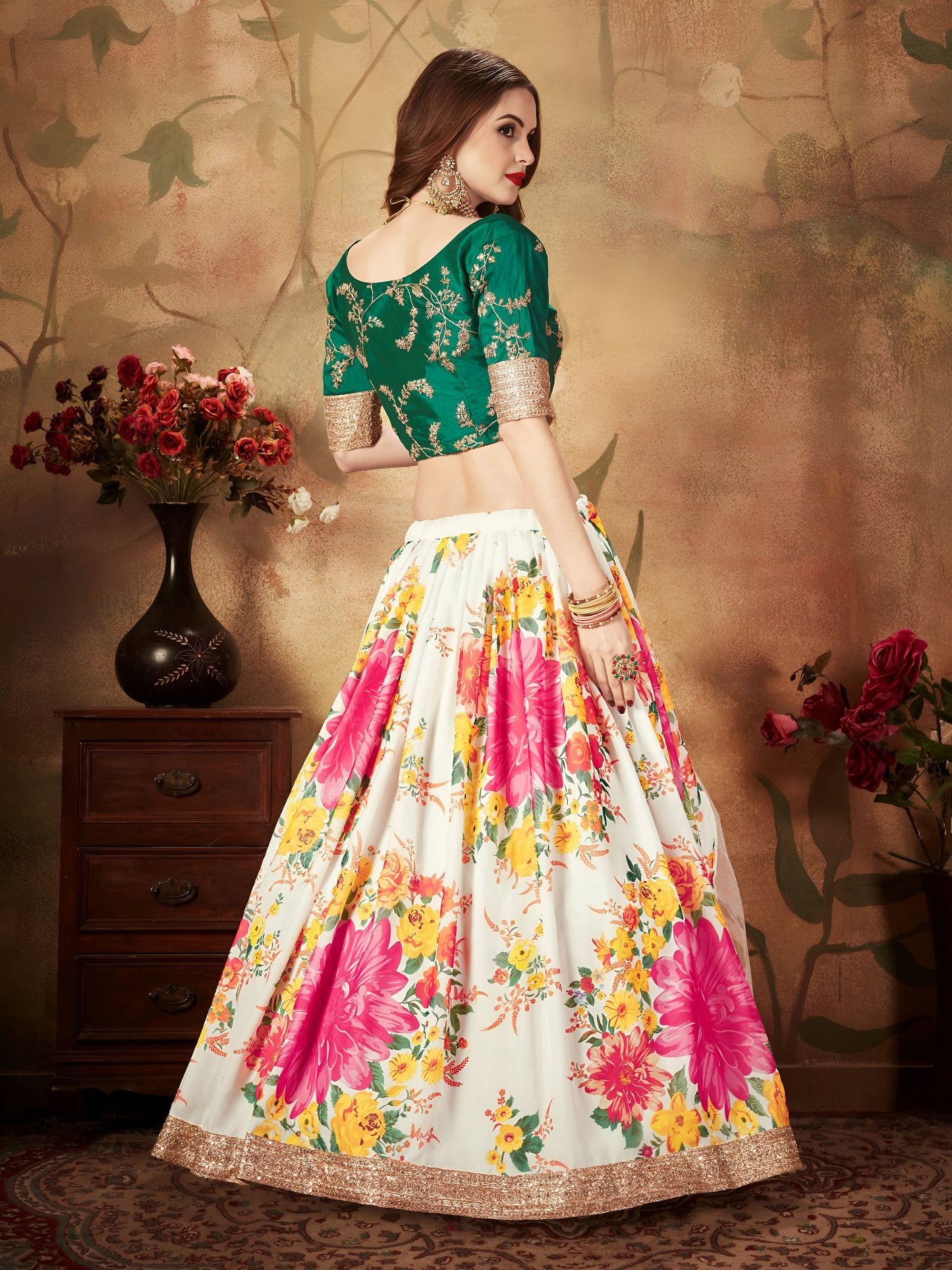 Emerald Blossom Floral Organza Lehenga Set