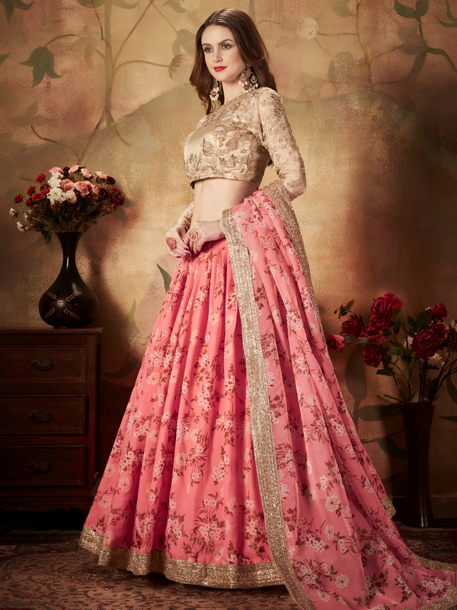 Blush Pink Floral Organza Lehenga Set