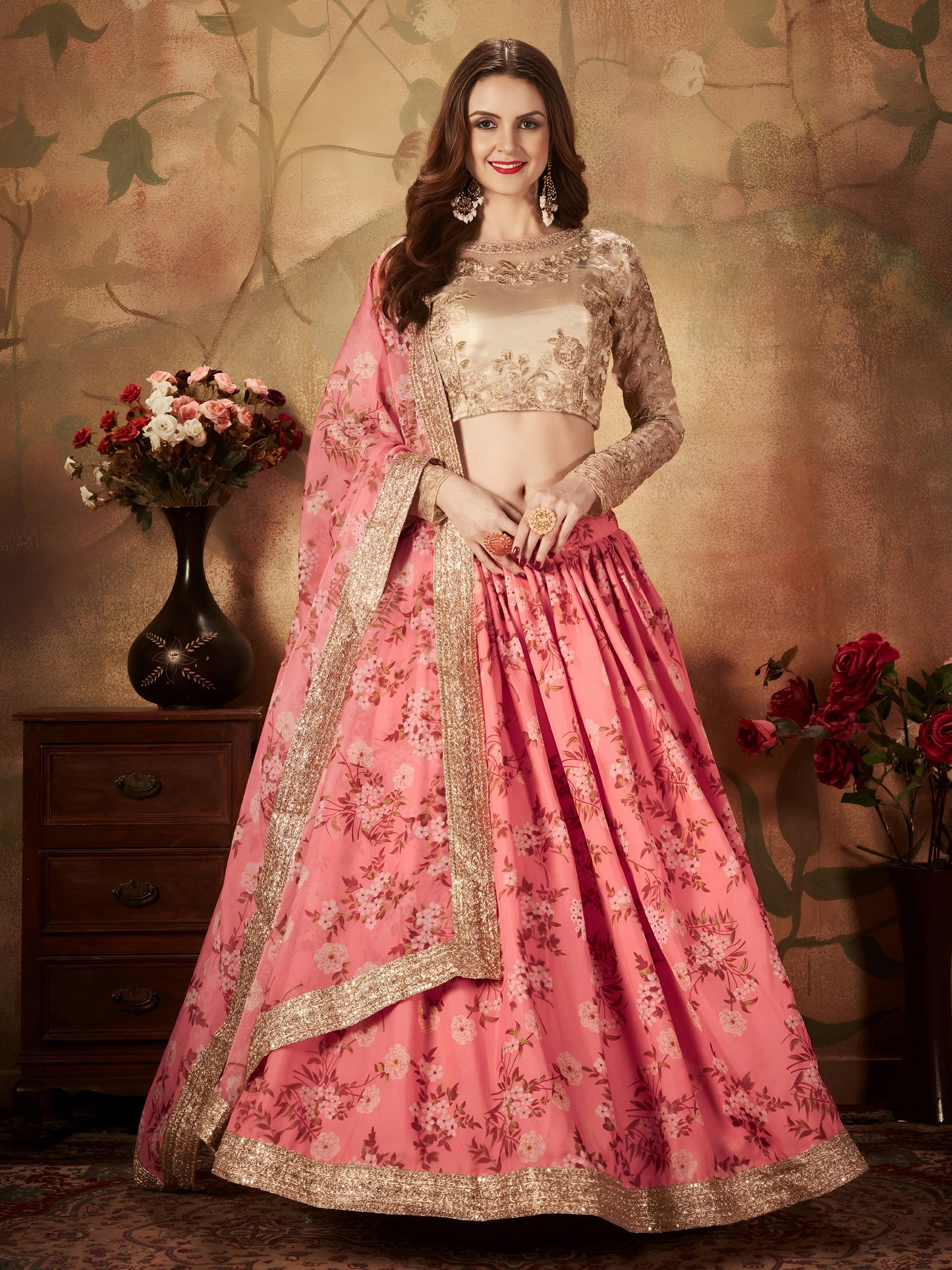 Blush Pink Floral Organza Lehenga Set