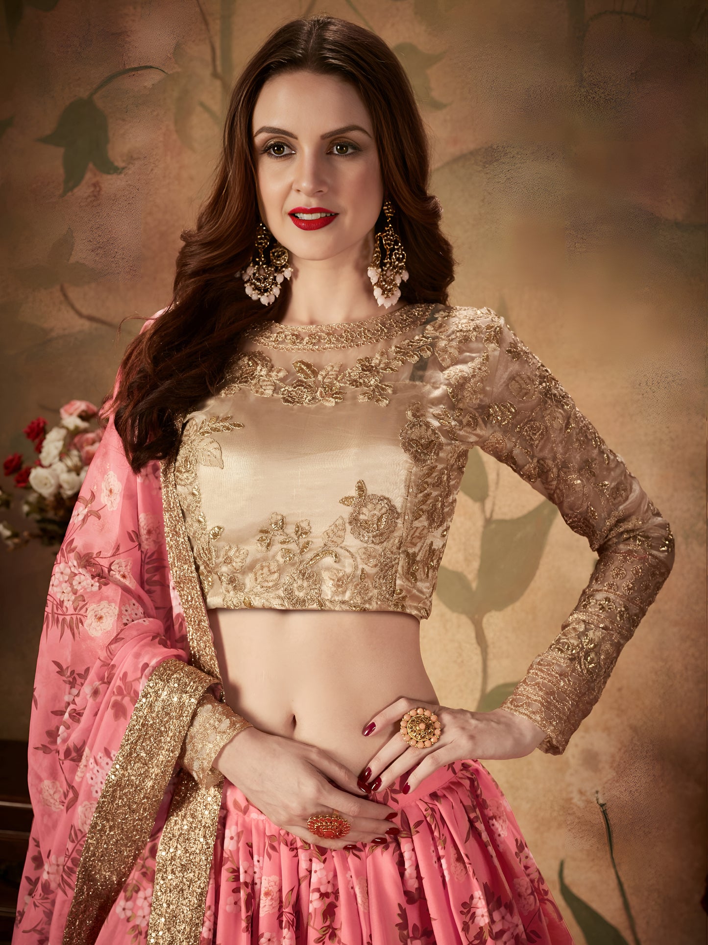 Blush Pink Floral Organza Lehenga Set