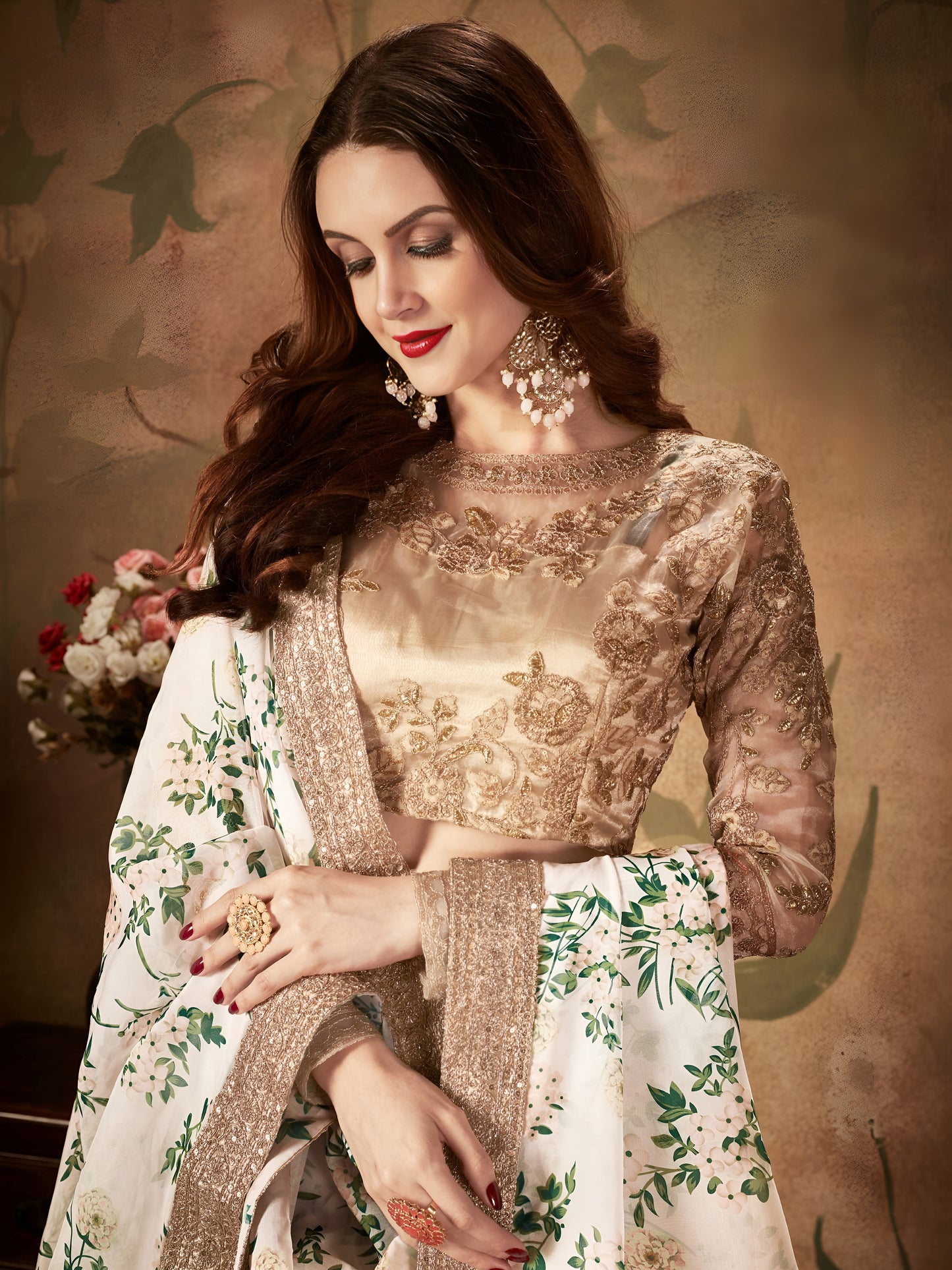 Ivory Floral Organza Lehenga Set