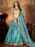 Aqua Blue Floral Organza Lehenga Set