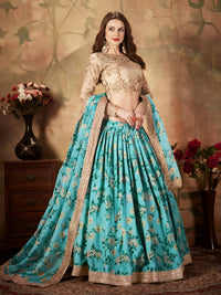 Aqua Blue Floral Organza Lehenga Set