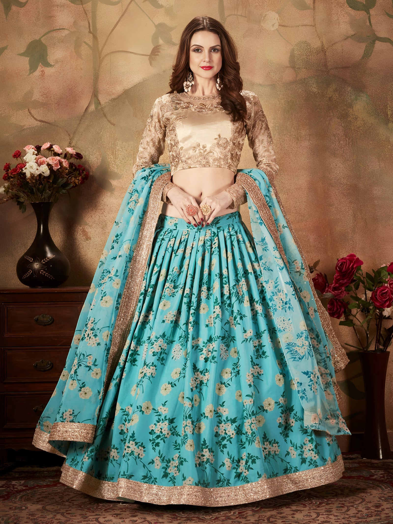 Aqua Blue Floral Organza Lehenga Set
