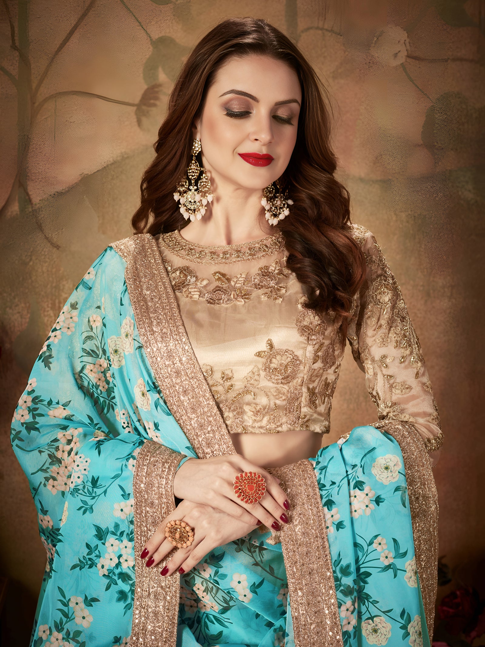 Aqua Blue Floral Organza Lehenga Set