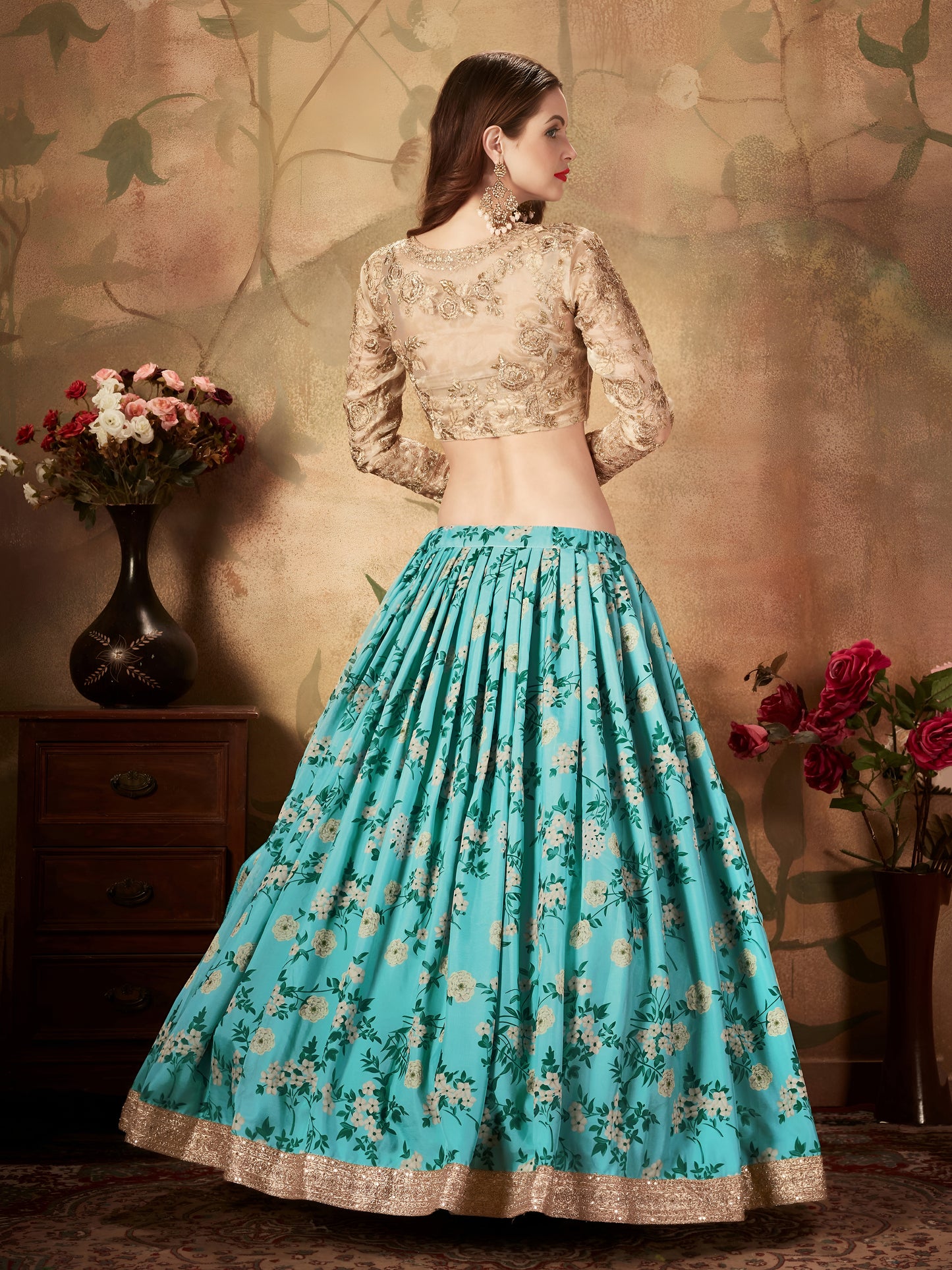 Aqua Blue Floral Organza Lehenga Set