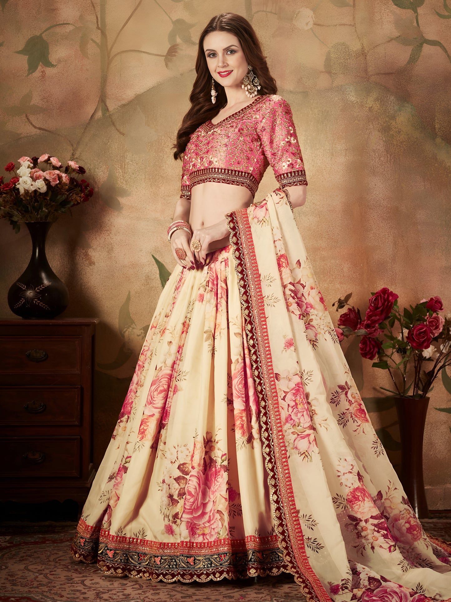 Ivory Peach Floral Organza Lehenga Set