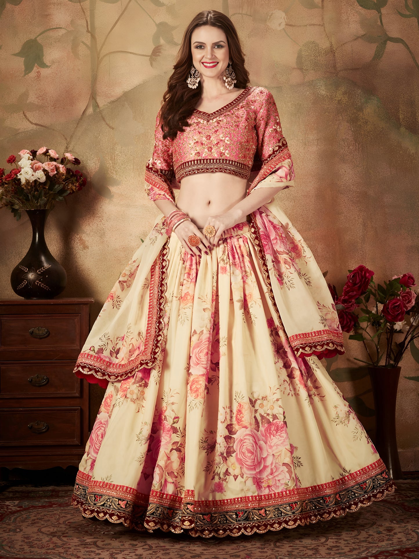 Ivory Peach Floral Organza Lehenga Set
