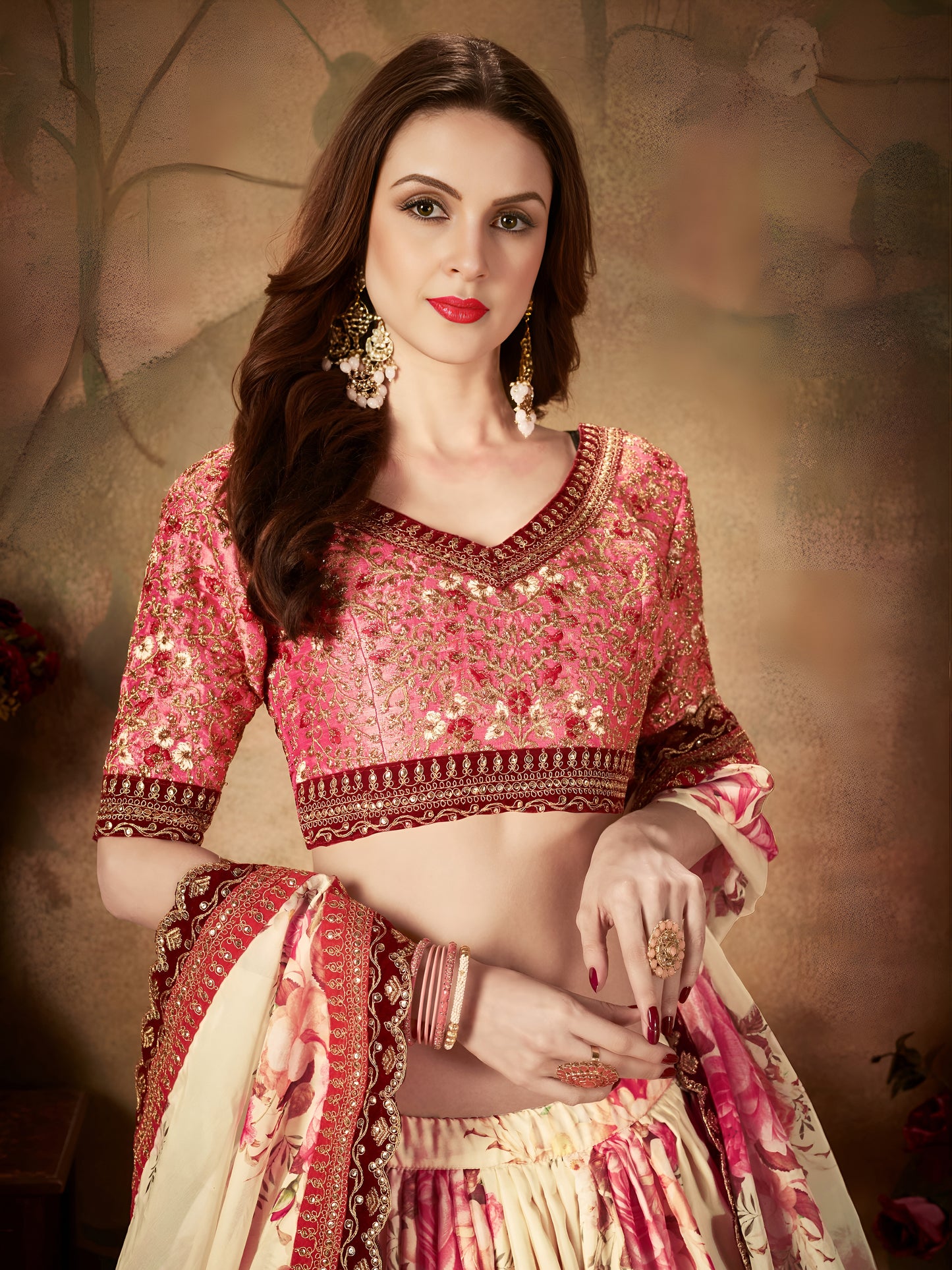 Ivory Peach Floral Organza Lehenga Set