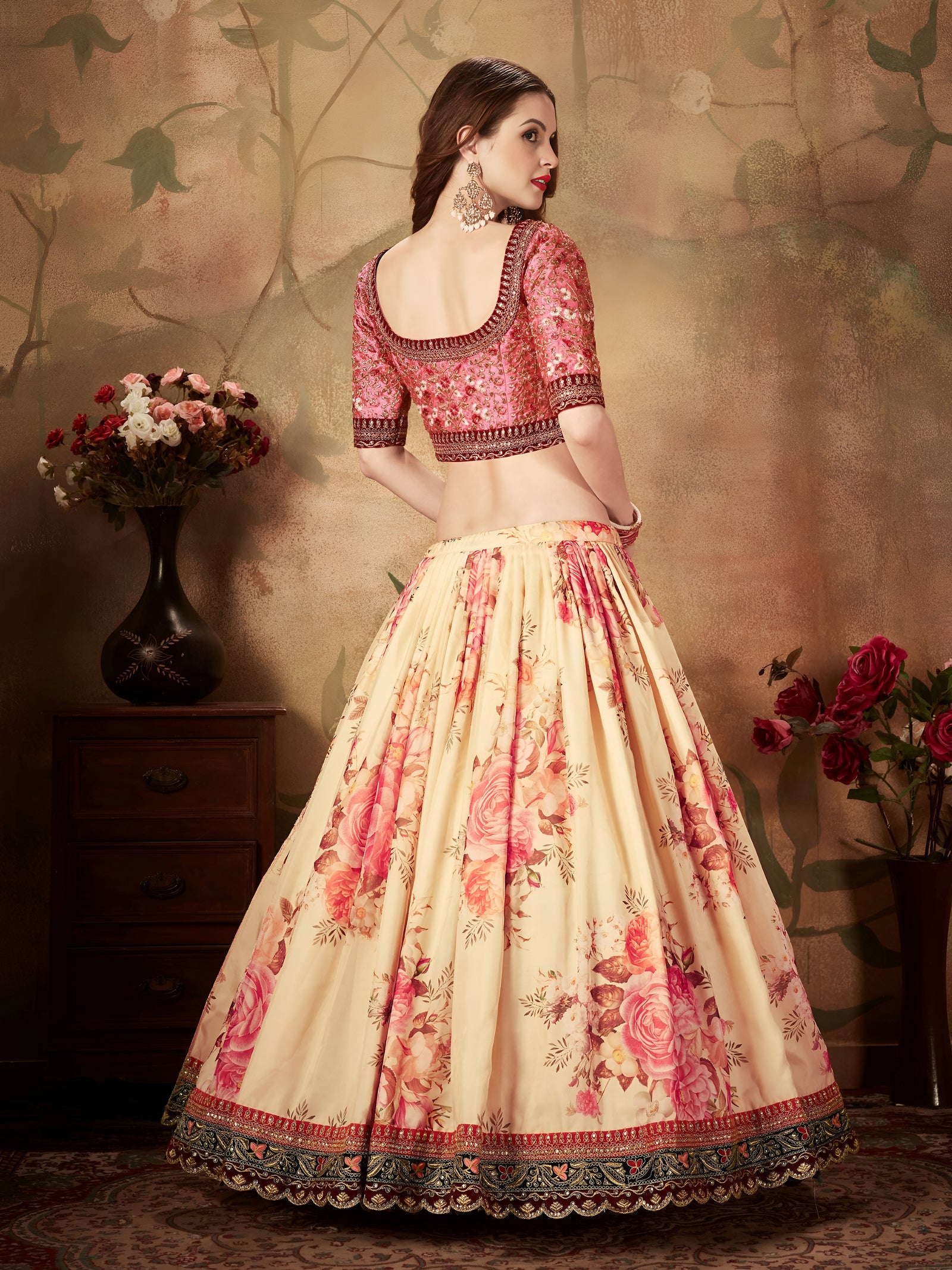 Ivory Peach Floral Organza Lehenga Set