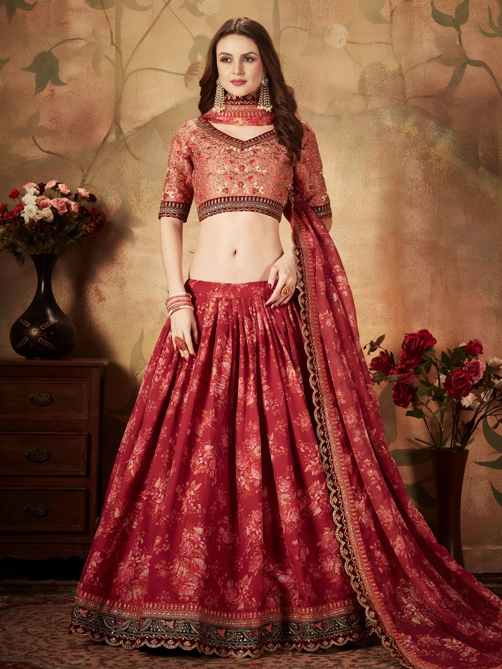 Maroon Floral Organza Lehenga Set