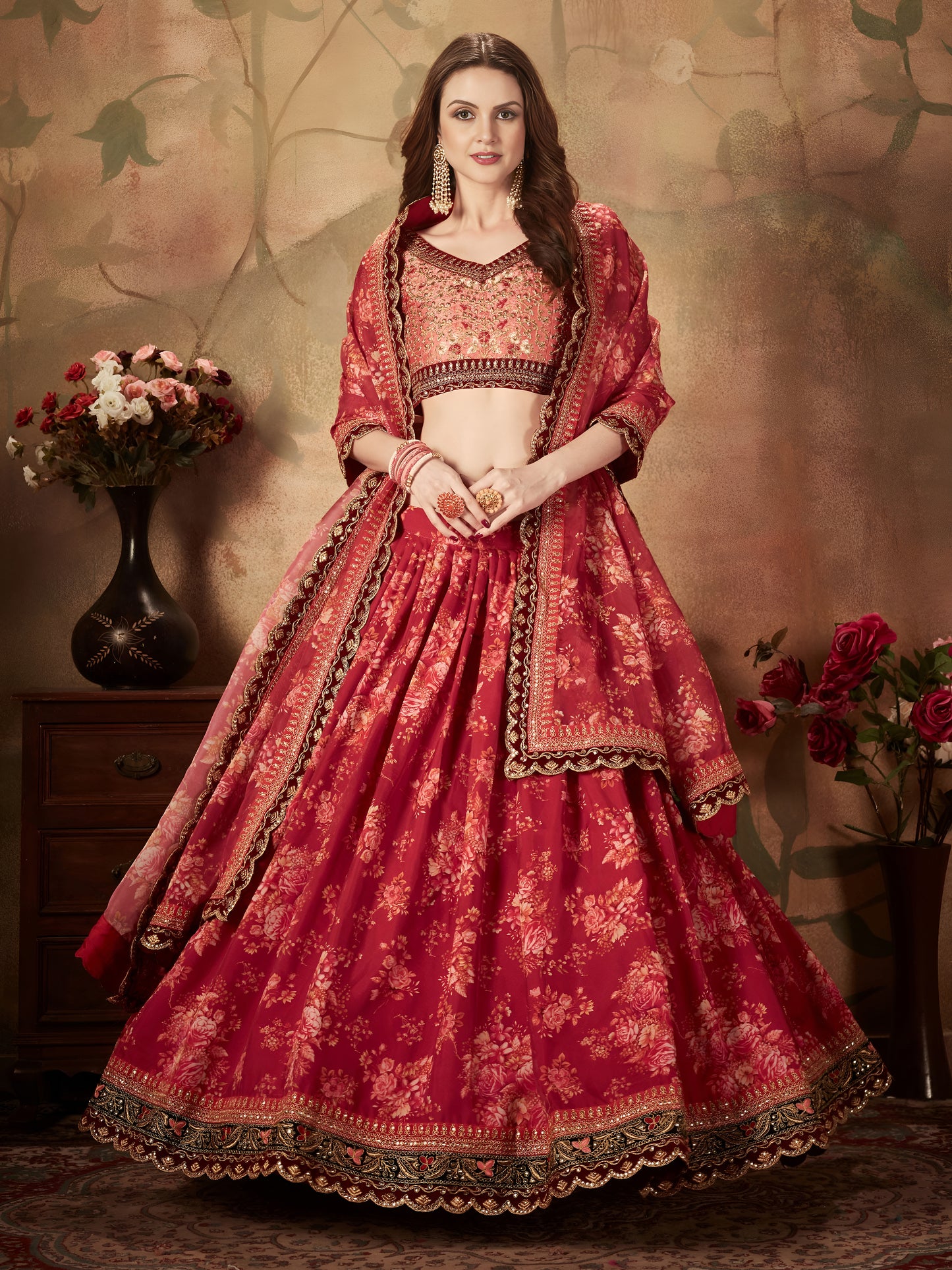 Maroon Floral Organza Lehenga Set