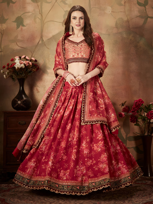 Maroon Floral Organza Lehenga Set