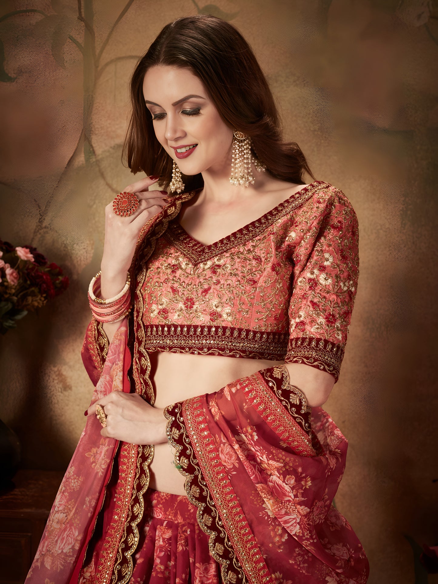 Maroon Floral Organza Lehenga Set