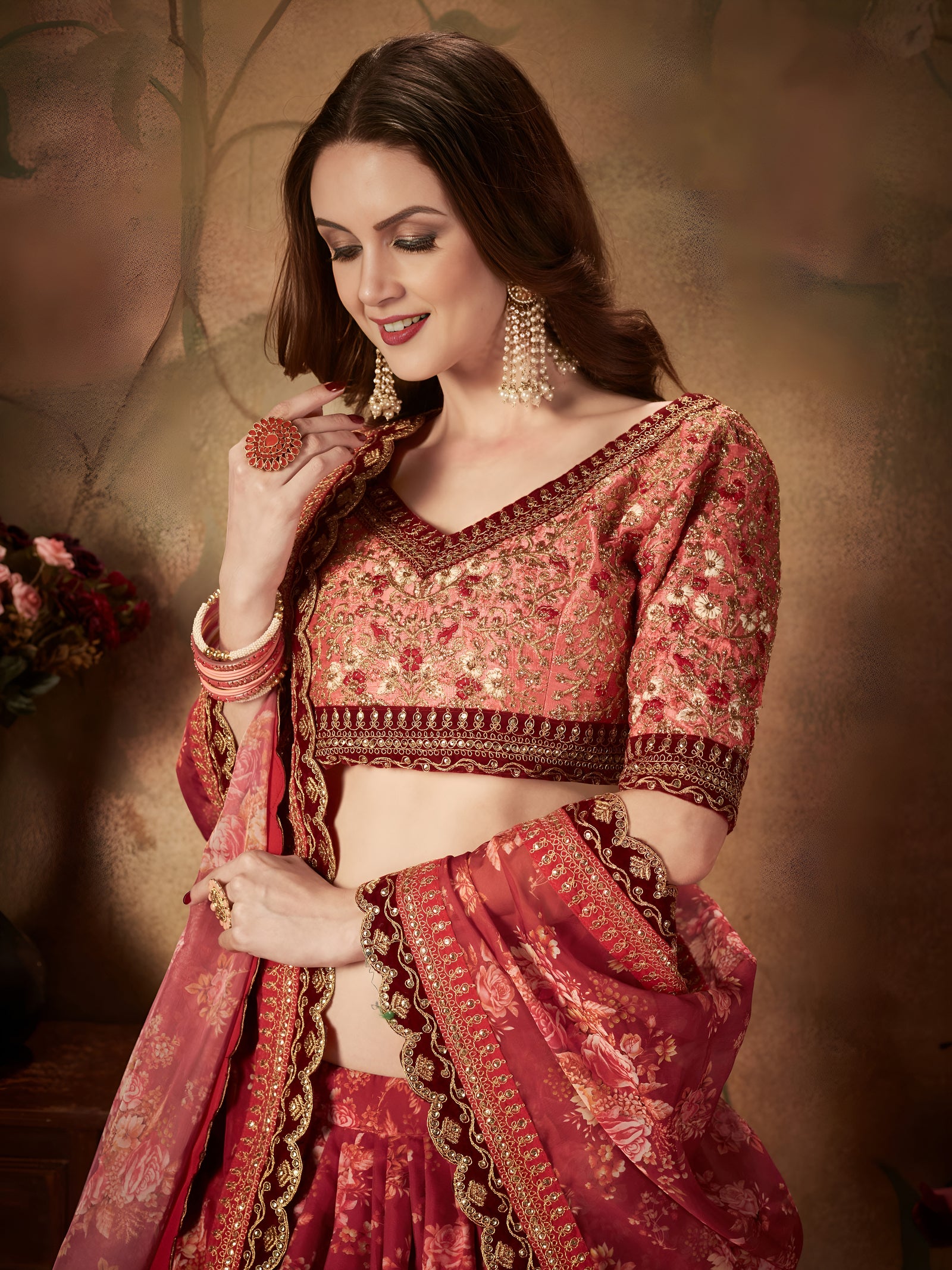 Maroon Floral Organza Lehenga Set