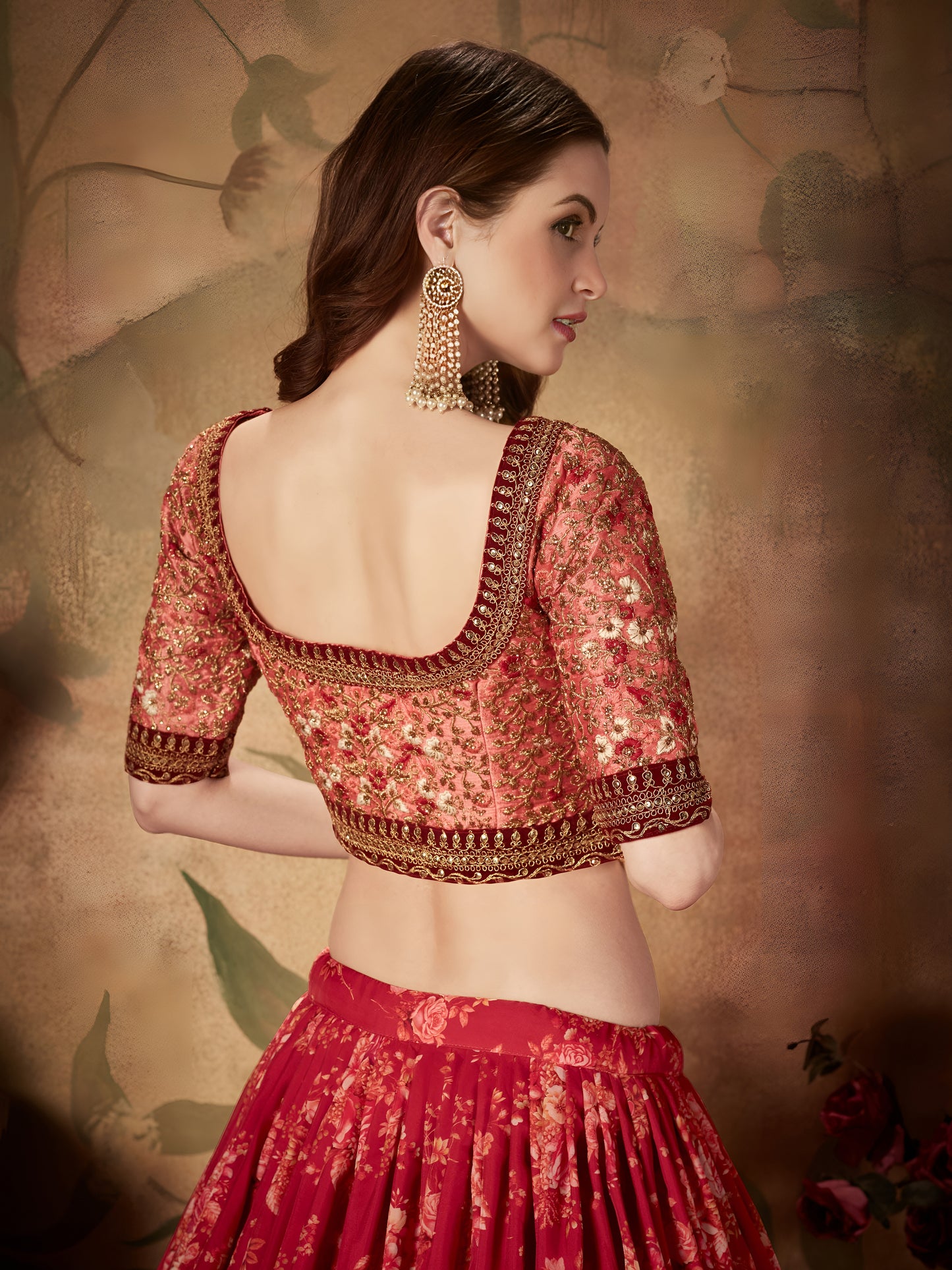 Maroon Floral Organza Lehenga Set