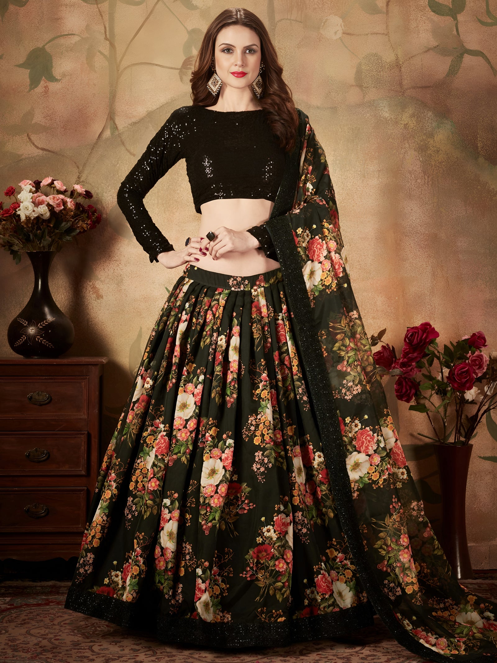 Midnight Blossom Organza Lehenga Set