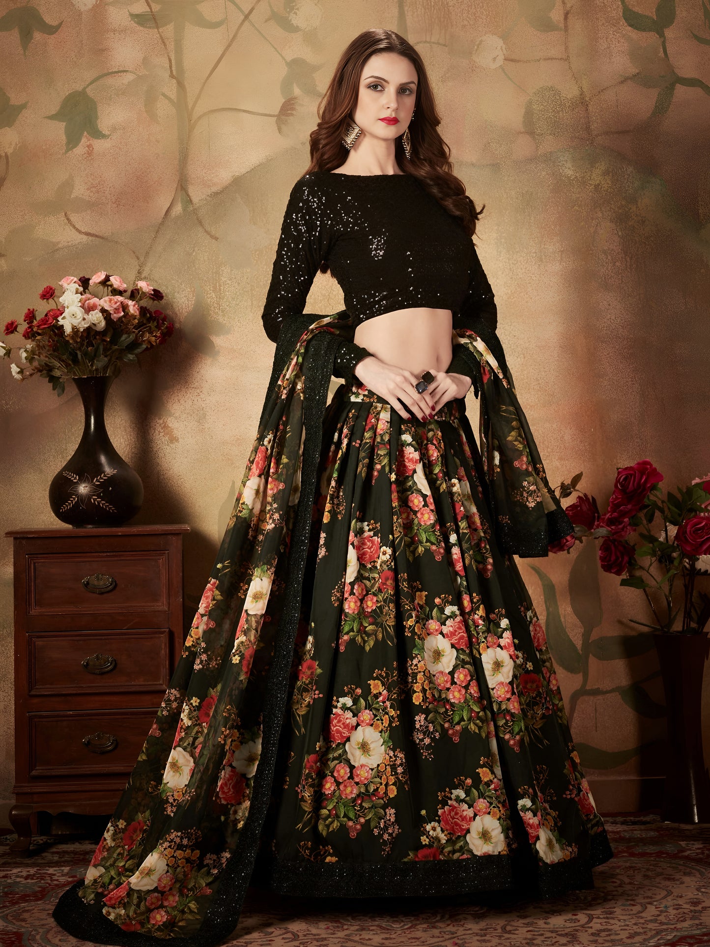Midnight Blossom Organza Lehenga Set