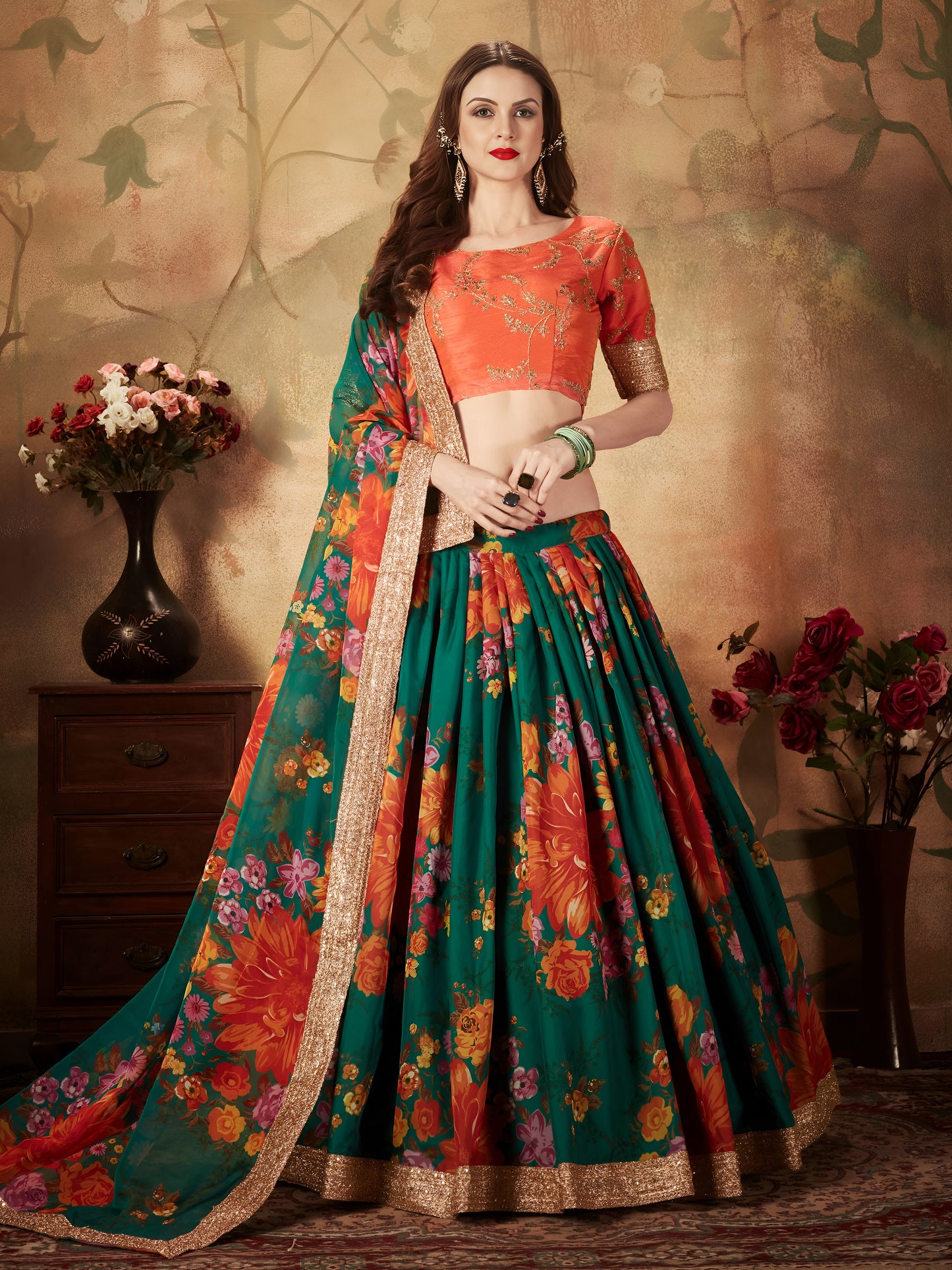 Emerald Green Blossom Floral Organza Lehenga Set