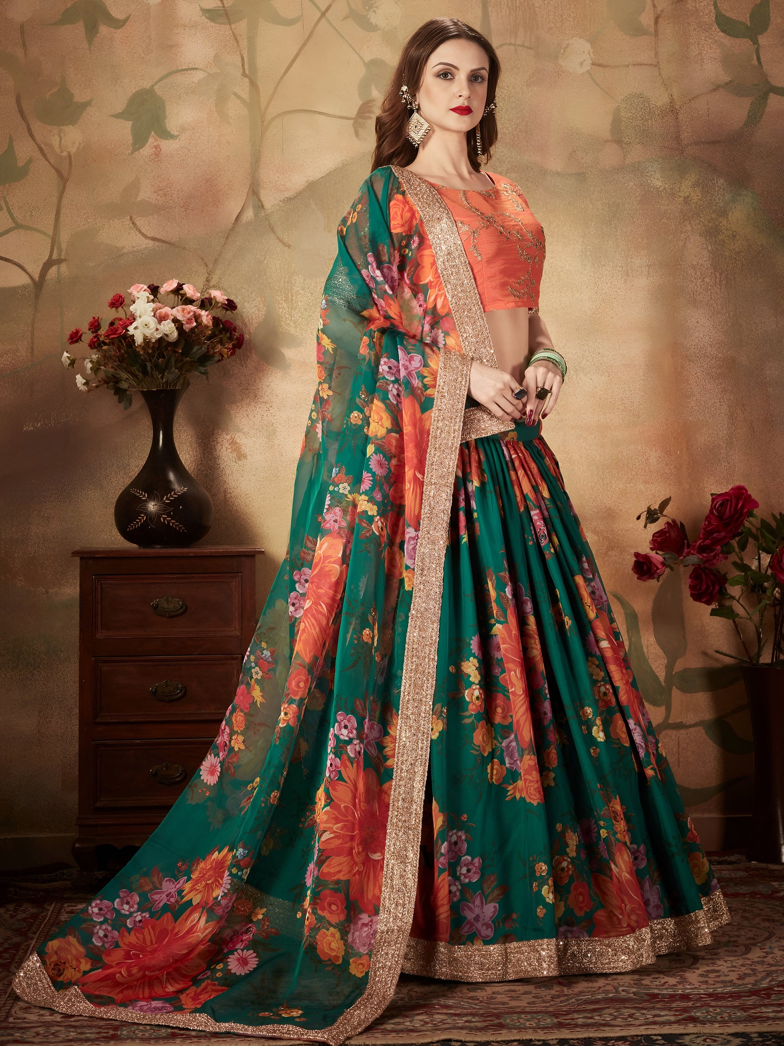 Emerald Green Blossom Floral Organza Lehenga Set