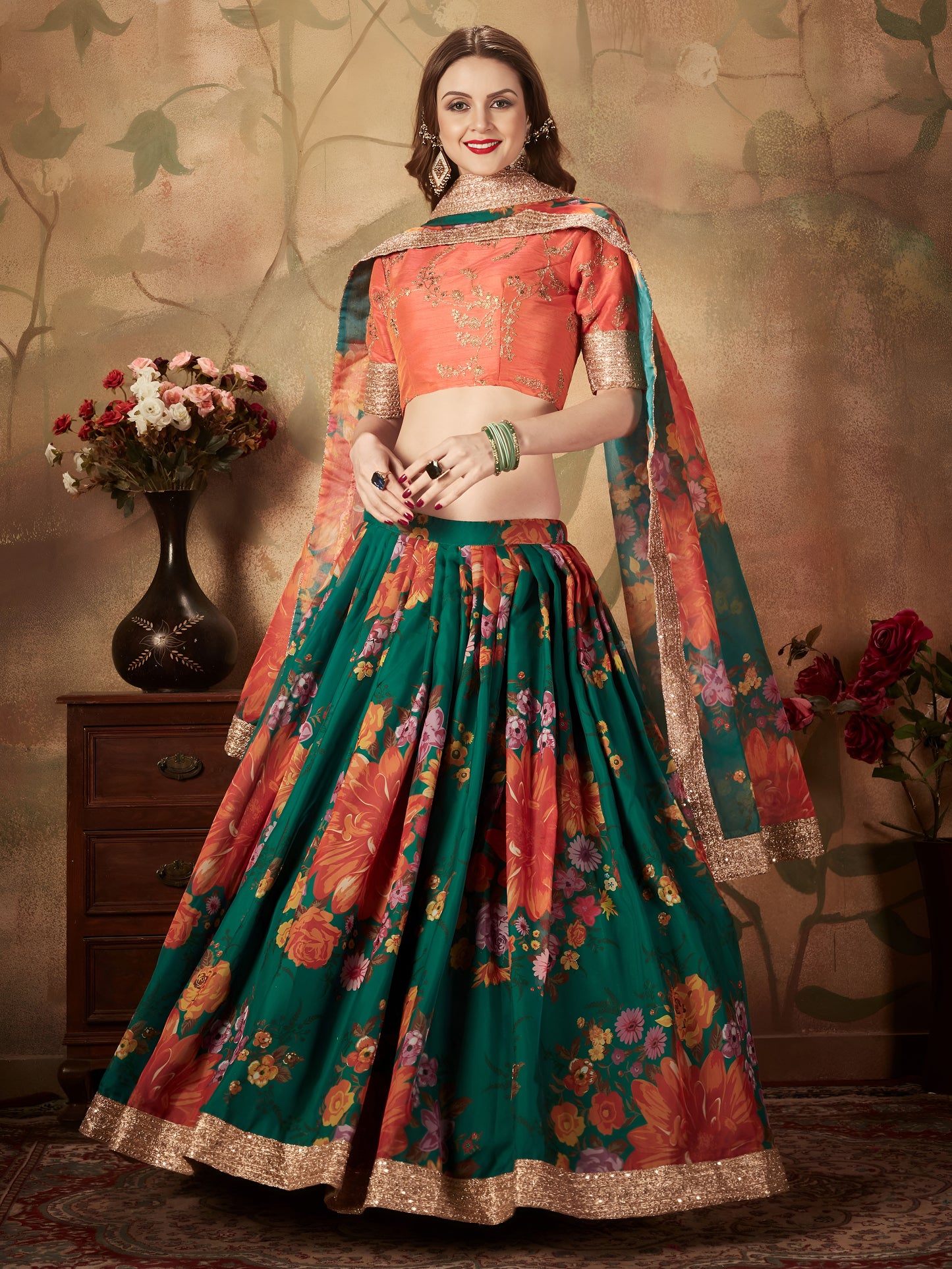 Emerald Green Blossom Floral Organza Lehenga Set