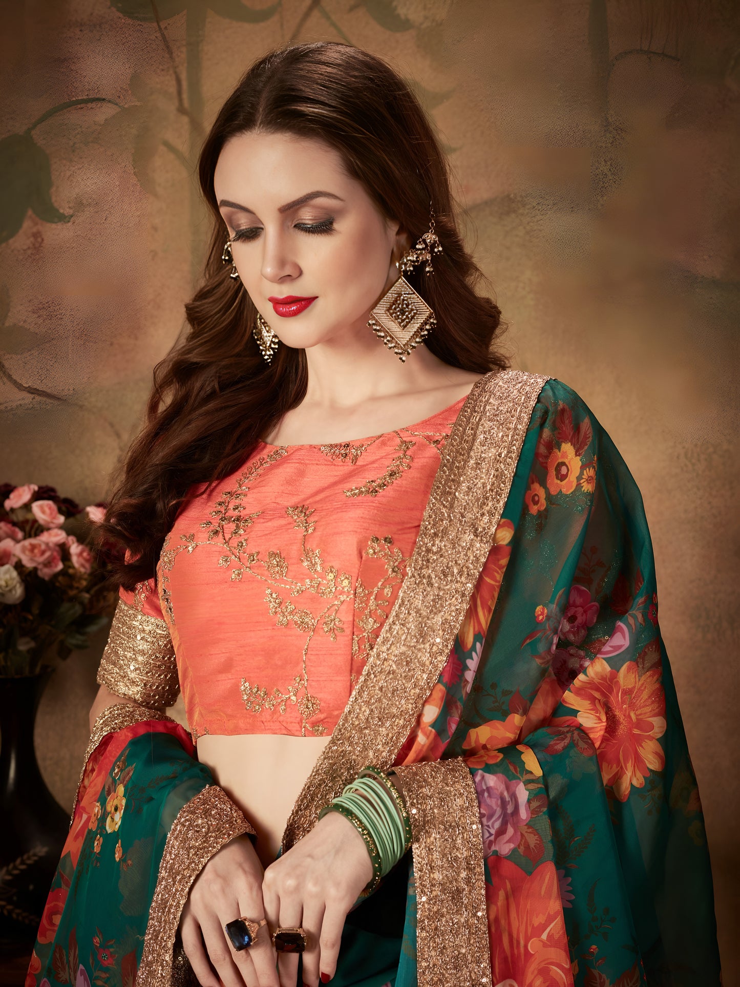 Emerald Green Blossom Floral Organza Lehenga Set