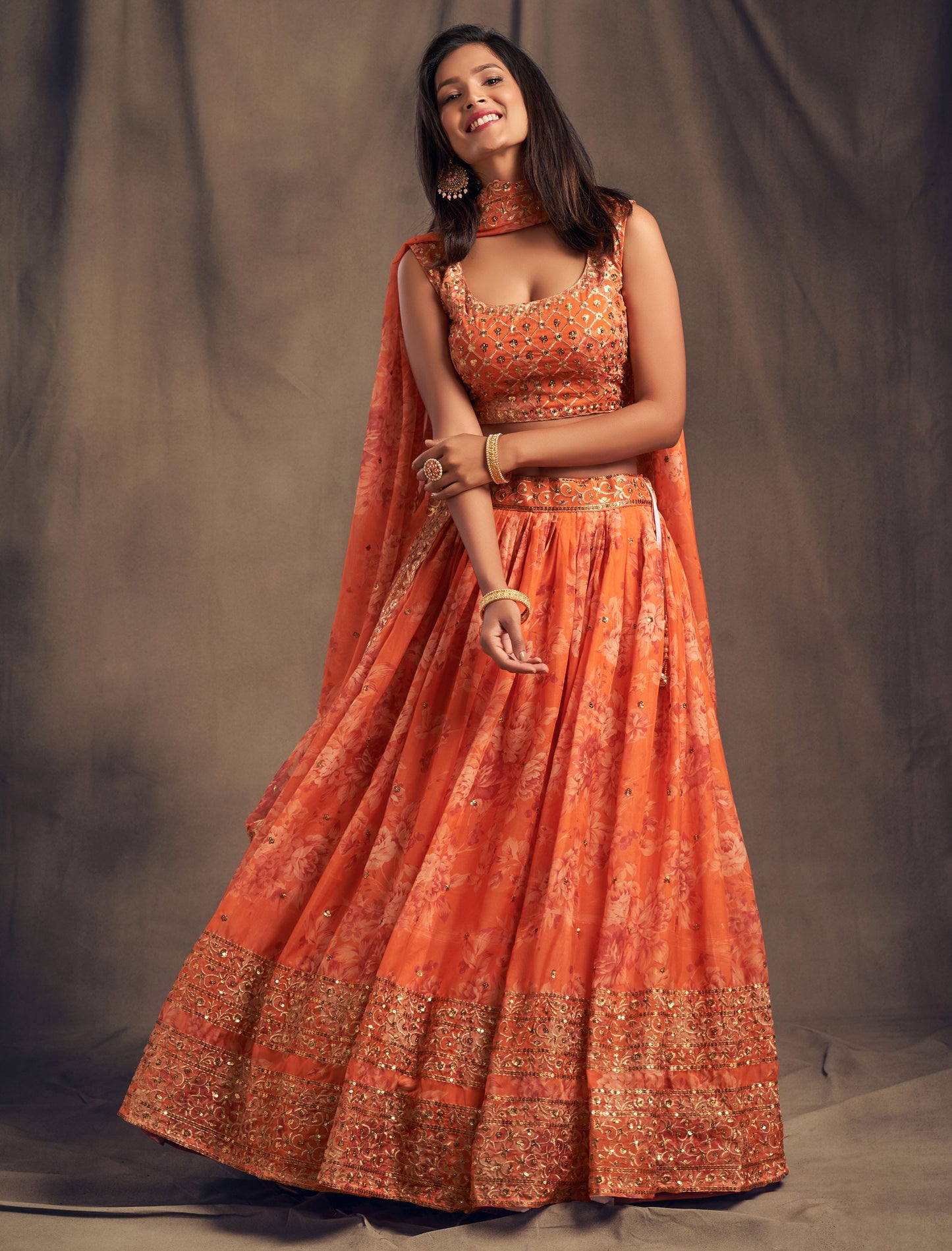 Sunset Amber Embroidered Organza Lehenga Set