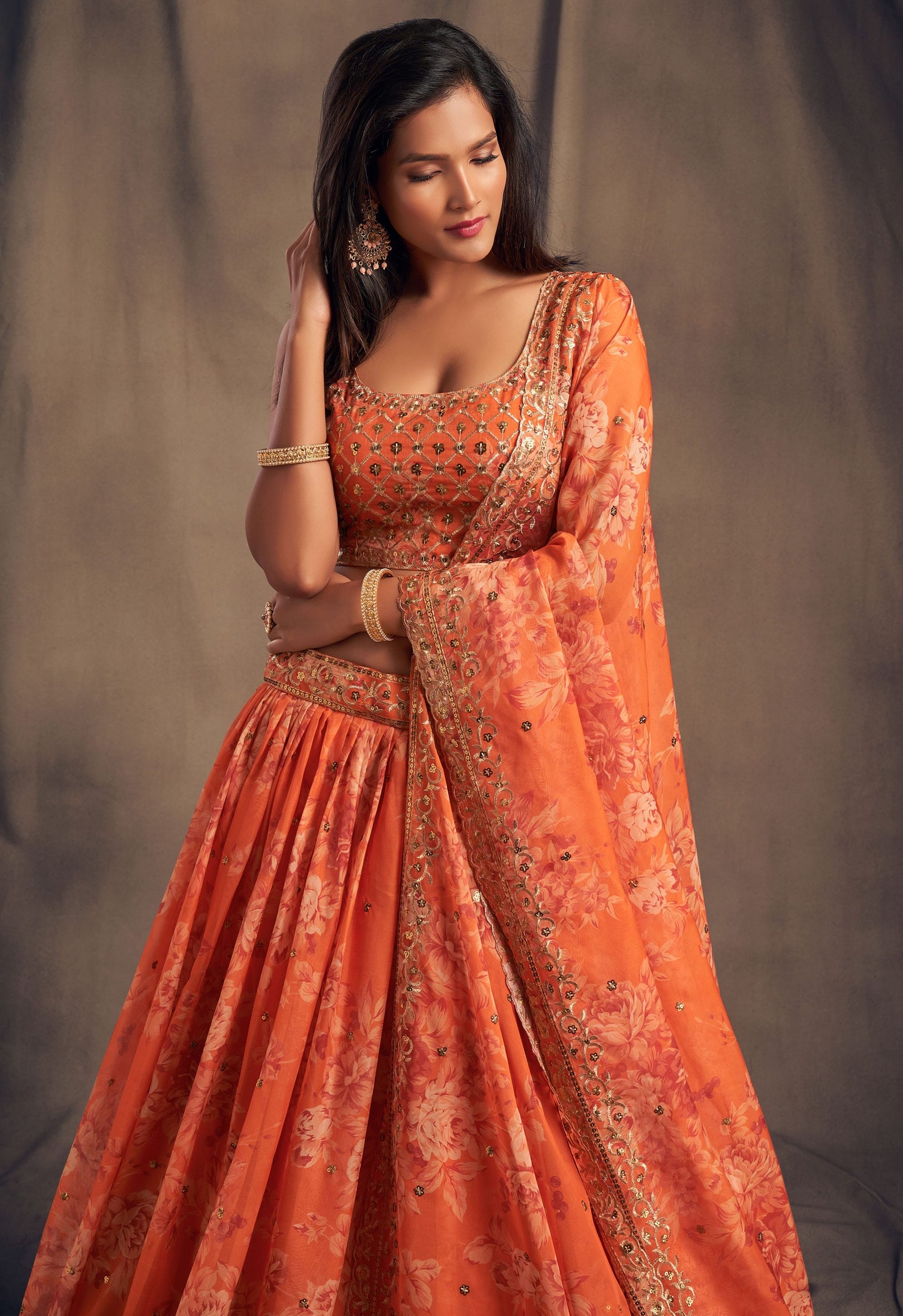 Sunset Amber Embroidered Organza Lehenga Set