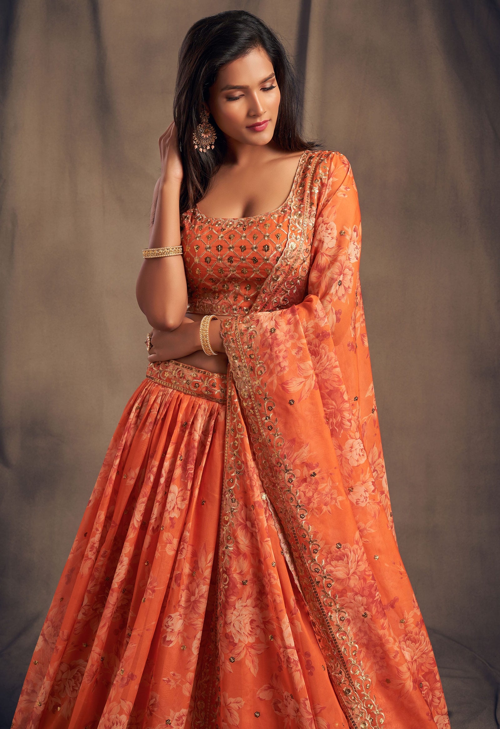 Sunset Amber Embroidered Organza Lehenga Set