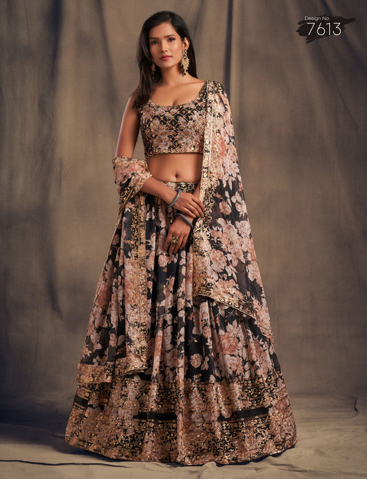 Midnight Noir Embroidered Organza Lehenga Set