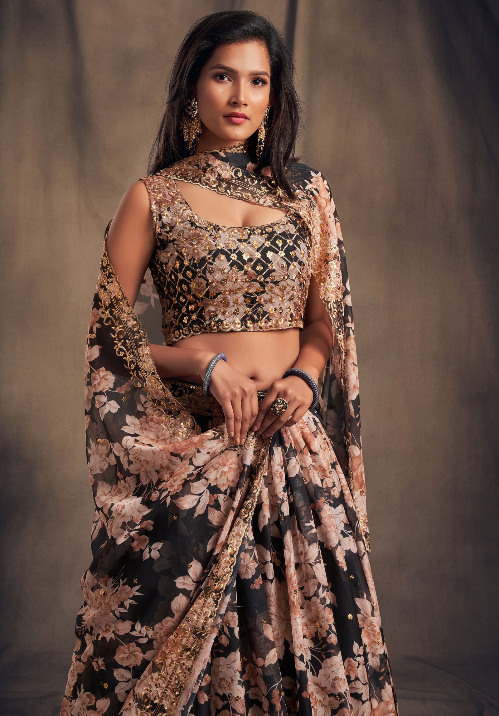 Midnight Noir Embroidered Organza Lehenga Set