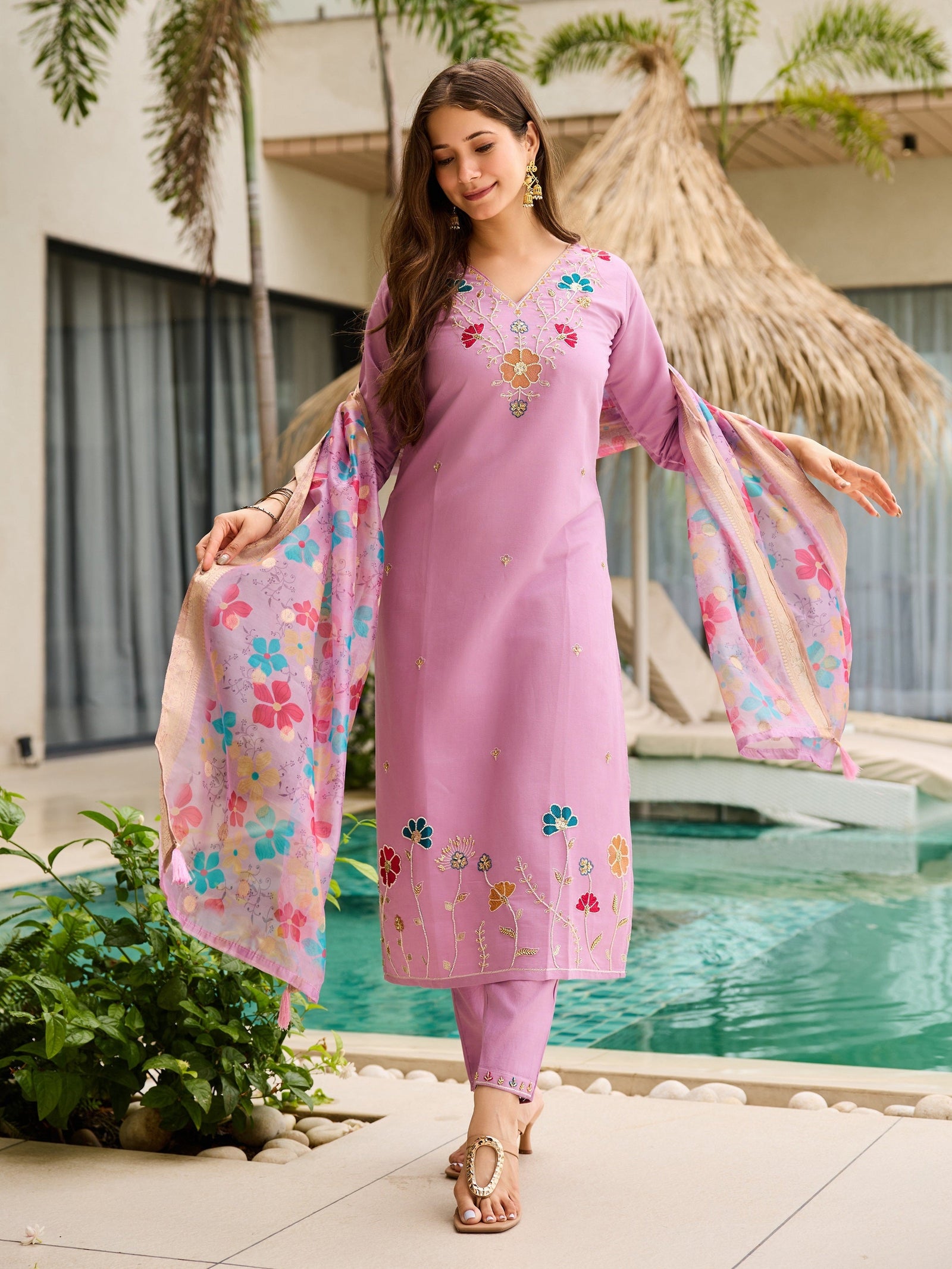 Pink Floral Embroidered Suit Set