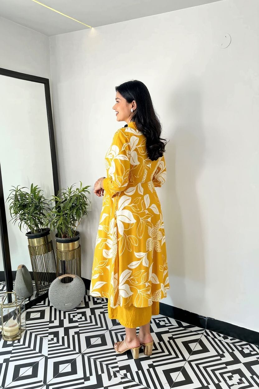 Yellow Floral Georgette Kurta Palazzo Set