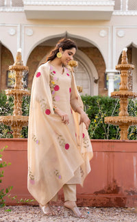 Cream Floral Printed Chanderi Kurta Set