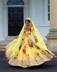 Yellow Fine Art Silk Pearl Embroidered Lehenga Set